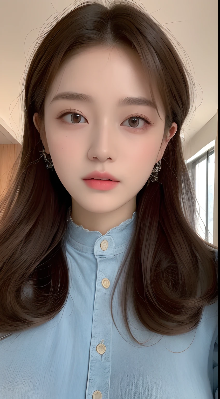((Best quality, 8k, Masterpiece :1.3)), 1girl, Pretty woman with emphasizing slender abs :1.3, (random hairstyles, Huge breasts :1.2), Casual outfit :1.2, Indoor, Ultra-detailed face, Detailed eyes, Double eyelid