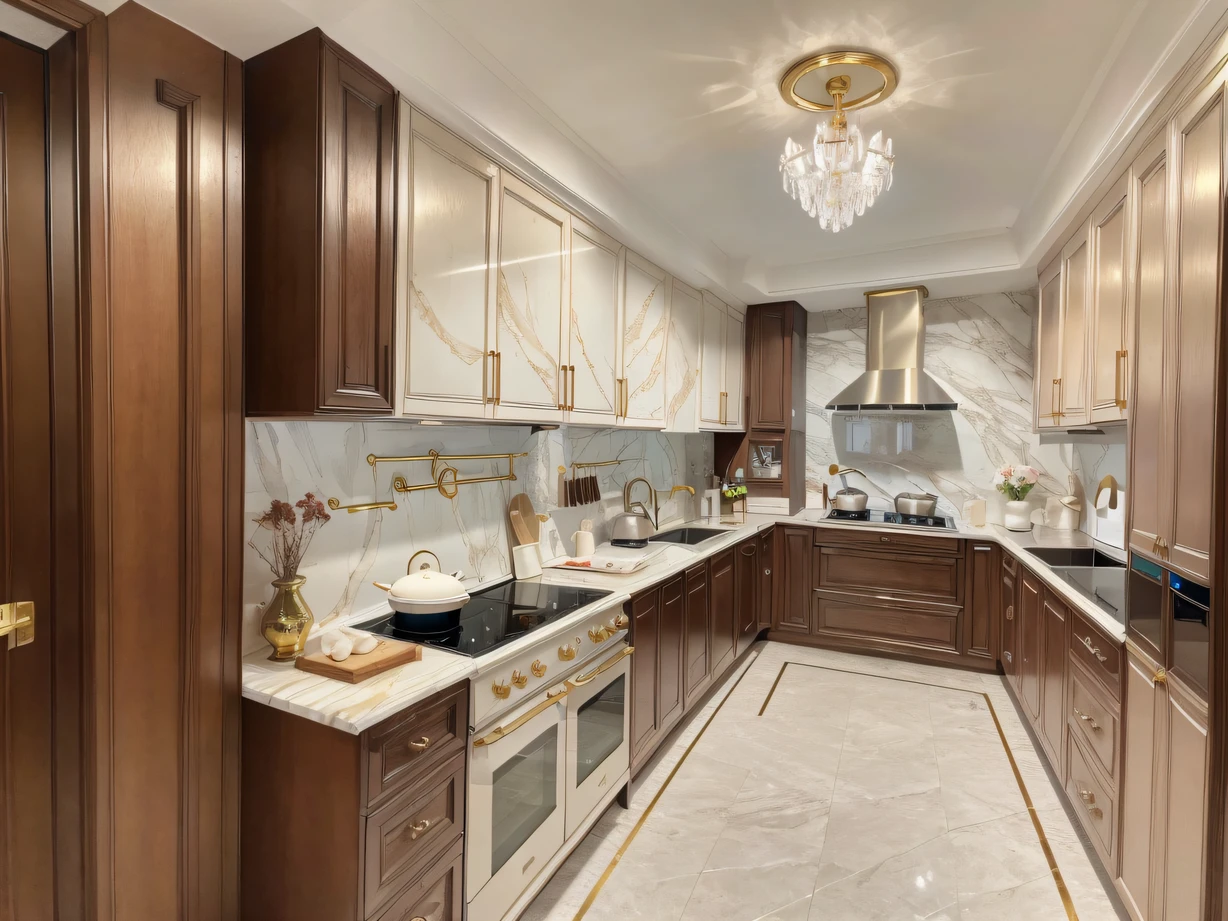 ，masterpiece, best quality，8k, ultra highres，In this kitchen，Everything seems to come from a fairy tale world。Cabinets inlaid with solid gold shimmer with an enchanting light，Soft lighting spills over mirrored marble countertops，It's as dazzling as the stars。Smoke on the stovetop，Exudes a charming aroma，It's like magic cooking in a wonderland。When you open that huge mahogany refrigerator，Surprises and delicacy will fill every corner。