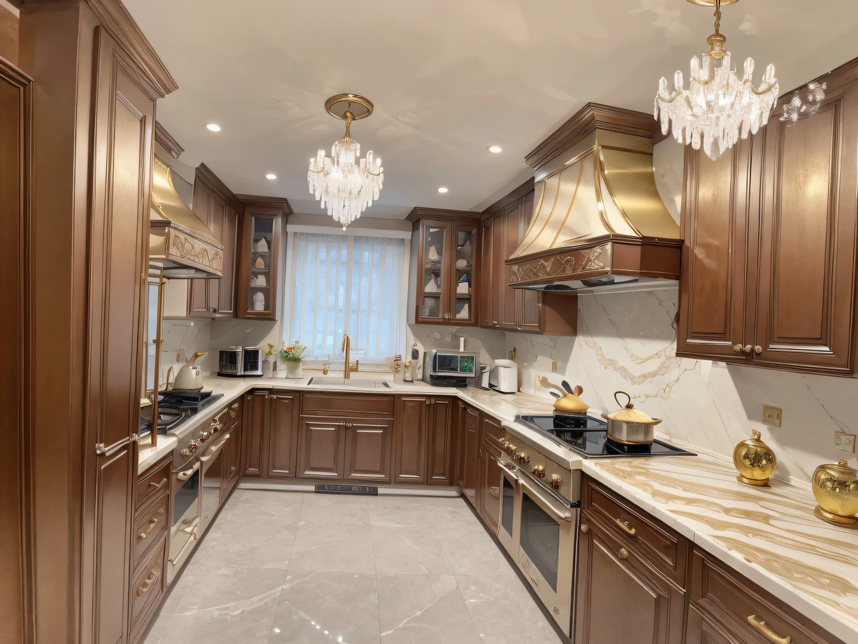 ,masterpiece, best quality,8k, ultra highres,In this kitchen,Everything seems to come from a fairy tale world。Cabinets inlaid with solid gold shimmer with an enchanting light,Soft lighting spills over mirrored marble countertops,It's as dazzling as the stars。Smoke on the stovetop,Exudes a charming aroma,It's like magic cooking in a wonderland。When you open that huge mahogany refrigerator,Surprises and delicacy will fill every corner。