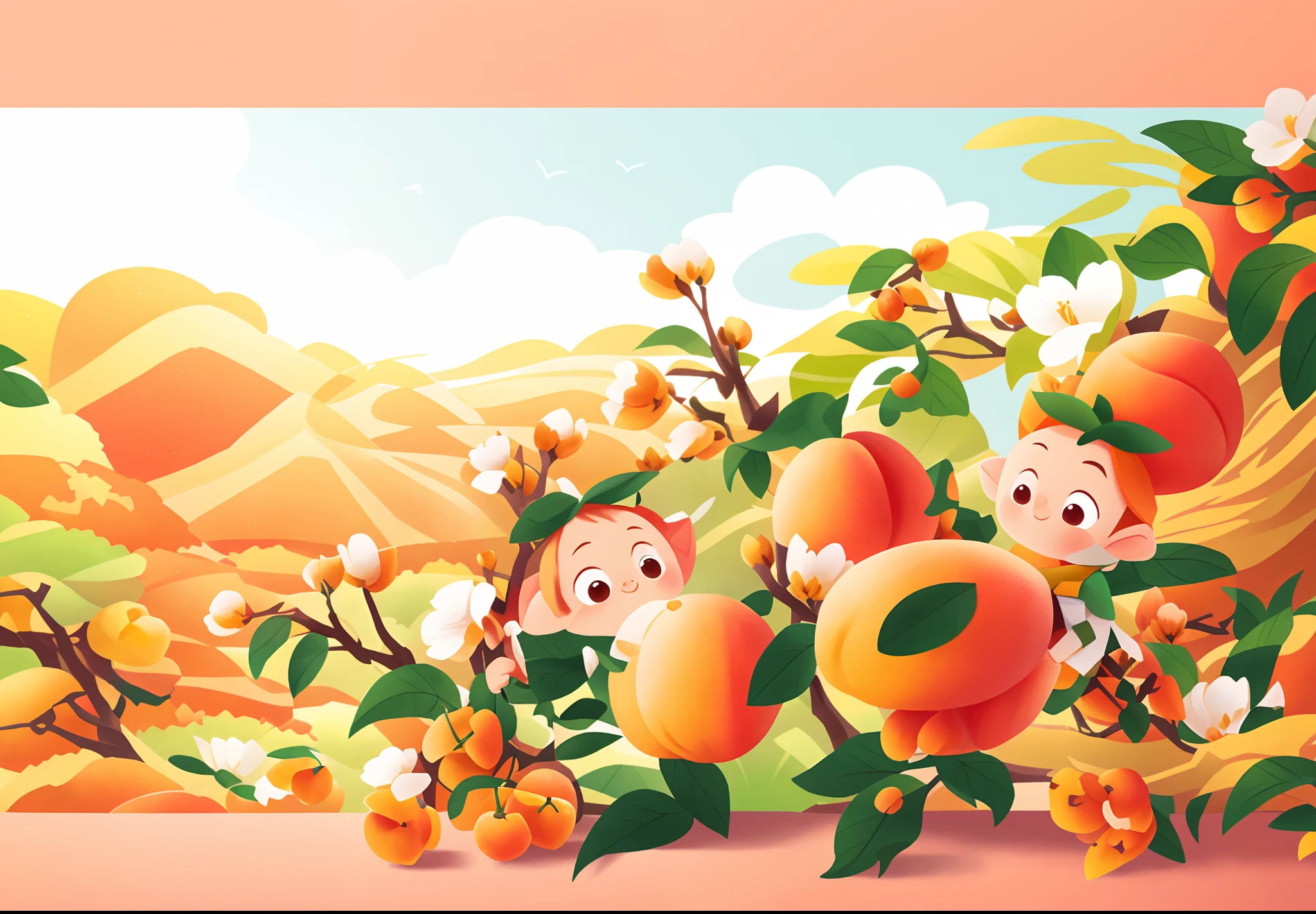 The elf holds the fruit apricot,Among the apricot trees,Yamakawa background