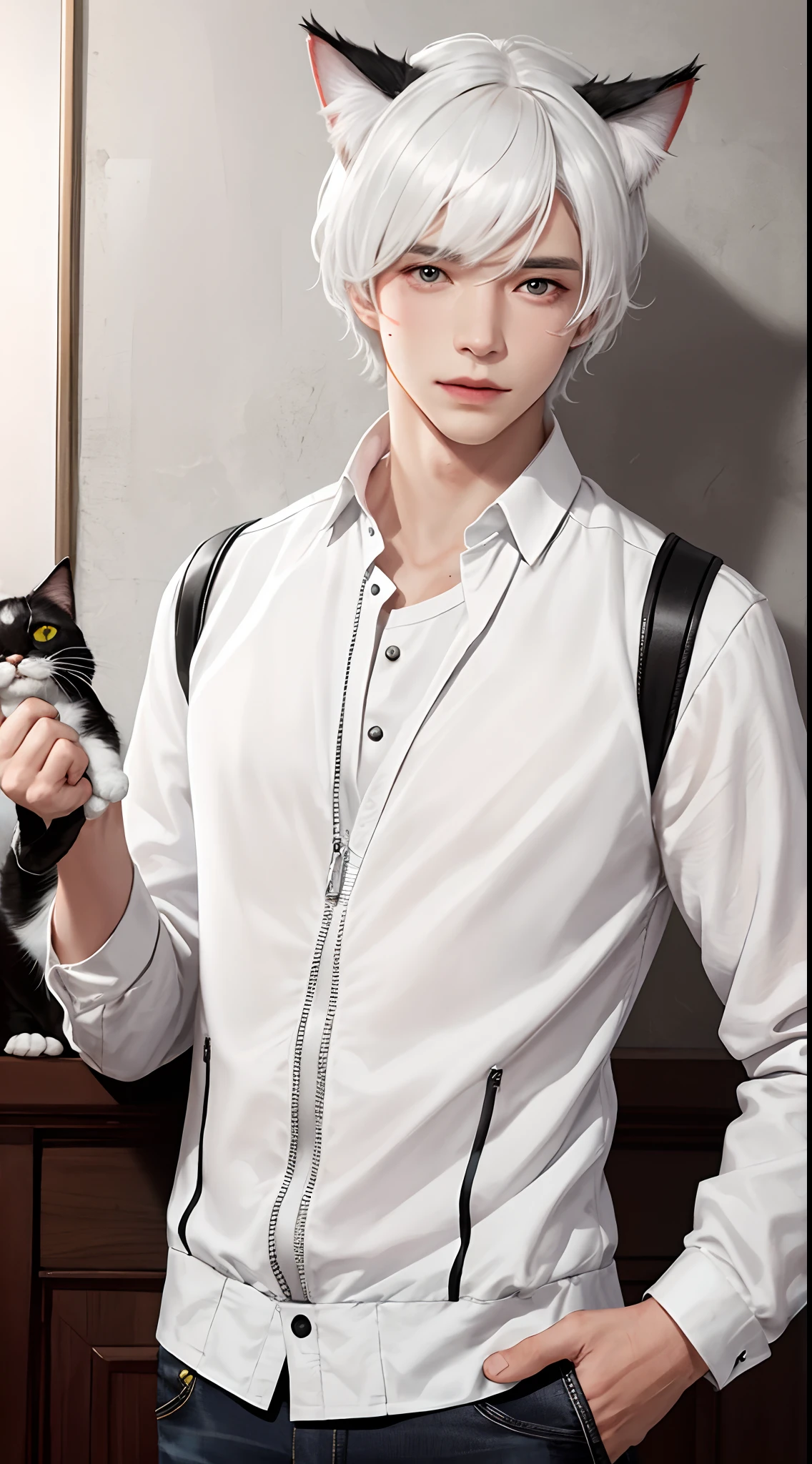 White hair, cute boy, cat ears
