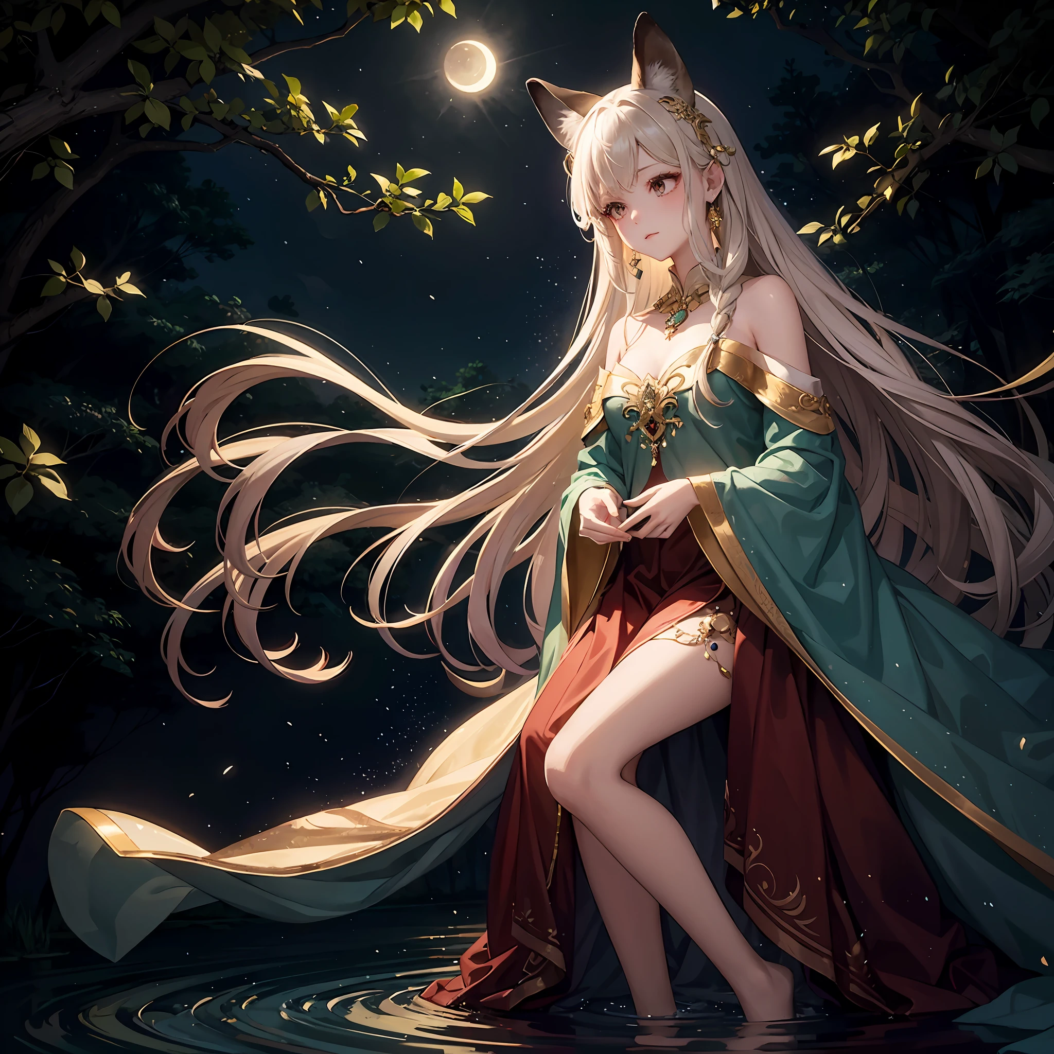the night,moon full,the woods,treetop,fawn,water,Sparkling,one-girl,Beautiful and moving,long whitr hair,Beautiful and exquisite clothes and jewelry。