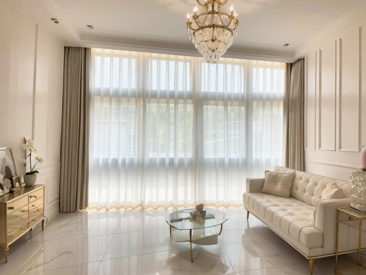 ,masterpiece, best quality,8k, ultra highres,Step into this bedroom,It's as if you're in a dreamland of ultimate luxury。The soft silk linens make you feel unparalleled comfort,A gold-rimmed crystal chandelier shines with crystal light,Instantly lit up the entire space。Huge floor-to-ceiling windows offer stunning garden views,Gently pull the curtains open,Fine sunlight passes through,As if a gentle hug。
