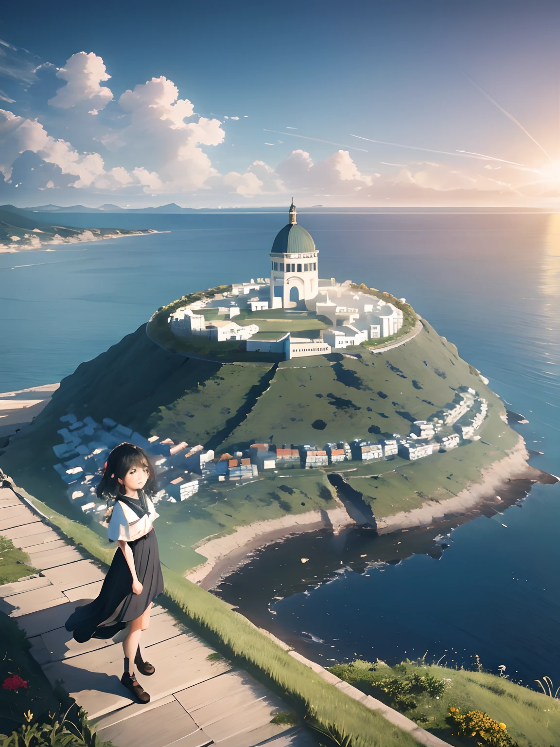 /imagine (Masterpiece), 8k, realistic, insanely detailed shot, sunlight, Aerial view, Create an image depicting a scene where my life is divided into two parts, symbolized by a small, elevated hill near the sea. On one side of the hill, show a representation of my past experiences, and on the other side, portray my future aspirations and dreams. Use the serene backdrop of the ocean, with the hill standing as a boundary between my two life phases. Capture the essence of reflection, growth, and the journey ahead.