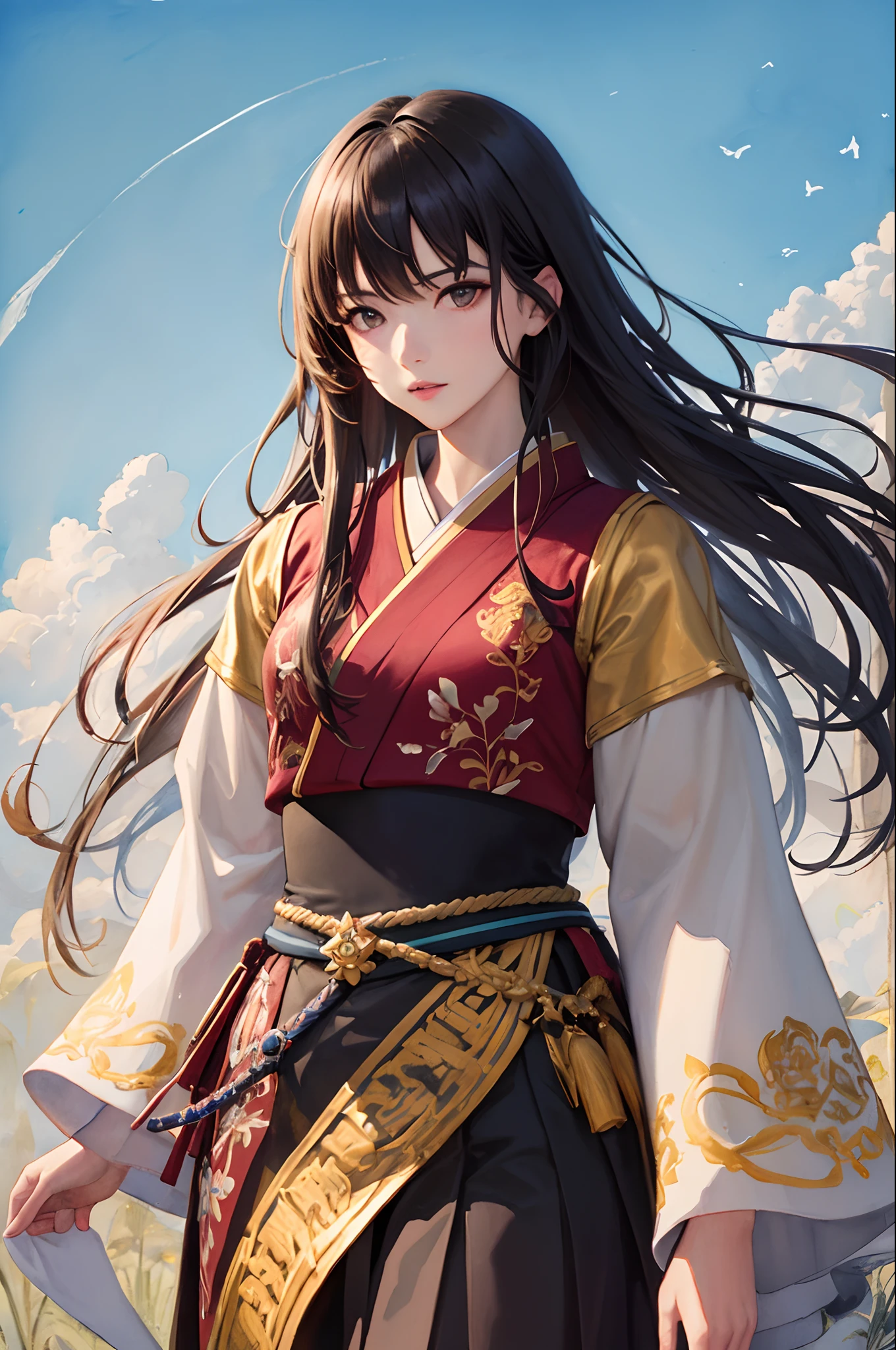 solo,千仞雪,全身,黄头发,(masterpiece,topquality,bestquality,officialart,beautifulandaesthetic:1.2),(1girl:1.3),long hair,extremedetailed,colorful,highestdetailed,(watercolourpainting:1.3),opticalmixing,playfulpatterns,livelytexture,richcolors,uniquevisualeffect