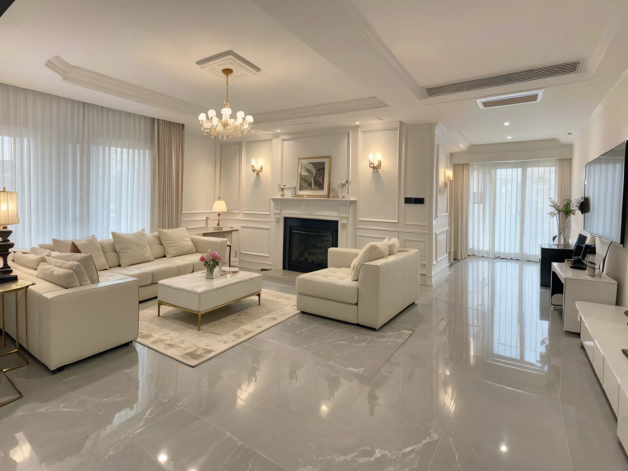 ,masterpiece, best quality,8k, ultra highres,Stroll through this living room,It's like being in a masterpiece of art。Tall marble columns carry the entire space,It's like a magnificent sculpture。The sofa by the fireplace is the work of the world's top designers,A perfect combination of comfort and art。The air is filled with fragrant aromas,It's intoxicating。When you step over the loud floor,It's like stepping into a fantasy realm。