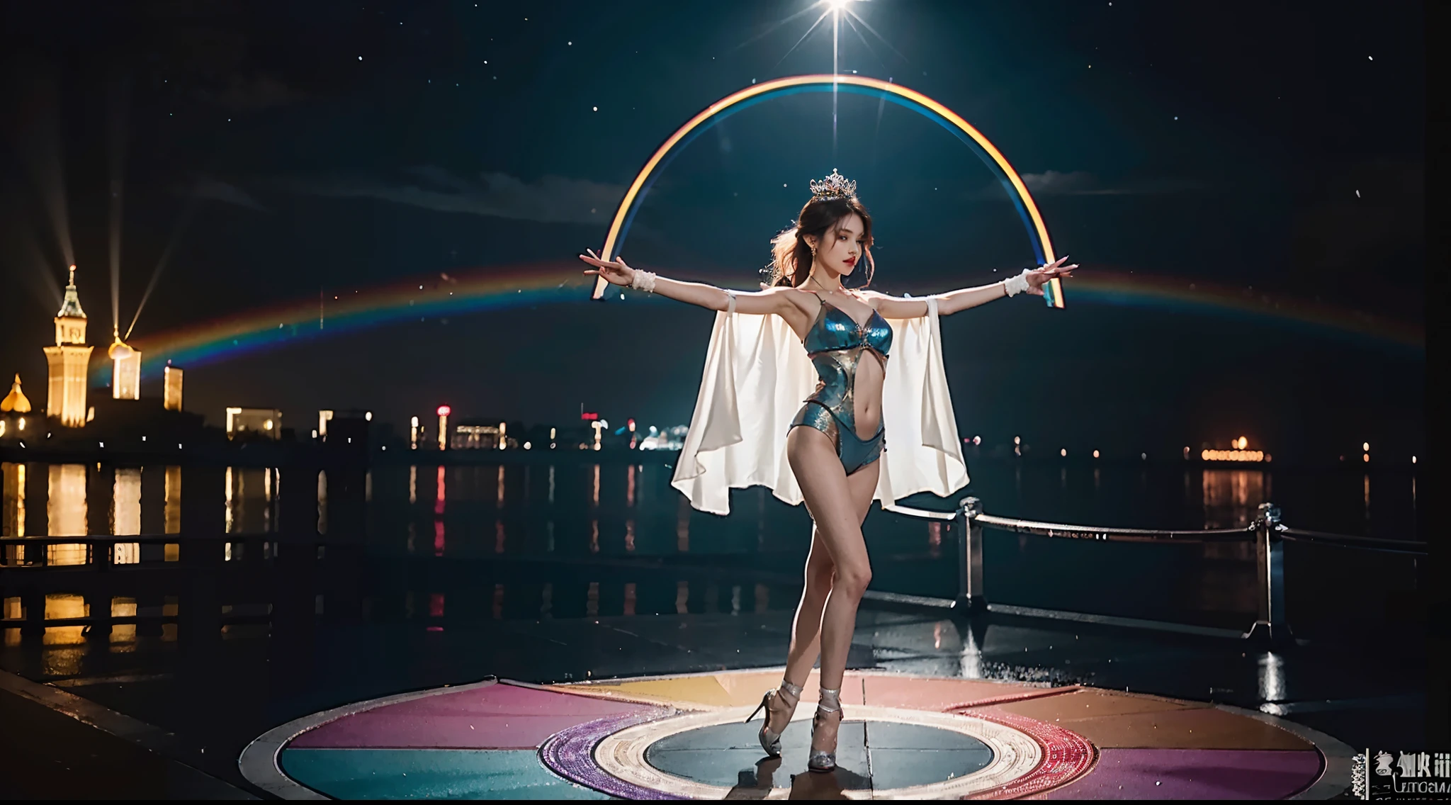 Ultra-grand scenes,The ultra-wide-angle lens captures the appearance of a half-dressed Circe dancer in the exterior scene where many scenes of the multiverse converge into the landscape,She dances ethereally on the water。The dance magic possessed by the versatile Circe dancer allows her to constantly change her outfit and can have multiple styles at the same time,So that she can always integrate background elements and transform her own clothing style at will,She always has a flying rainbow cloak with her,The gradient rainbow cape is an extra-long trailing cape composed of different styles and different colors, different materials and different styles of small parts,This makes the dance of the versatile Circe dancers noble and elegant,The dancing trajectory is accompanied by the glare of neon and magical stars,And blend in with the environment to add a sense of atmosphere,Sensory stimulation is intense。The super-tall sexual characteristics of the versatile Circe dancer include::Large K-cup teardrop-shaped chest with enlarged contour/Narrowed sternum/Kaziran's huge neon glitter gemstone eyes/Charming face/Makeup/Slender neck/Smooth shoulders and beauty collarbone/Slender and fair slender arms/Physiologically normal graceful hands/The body without a trace of excess flesh has sexy and attractive concave and convex lines/Narrow petite sexy funnel-shaped thin waist/The waist and abdomen of the tight toned body have a waistcoat line/Petite and delicate butterfly cross/Round peach-shaped sexy buttocks/Super slender and slender legs/White thin feet/Stepping on Skyscraper Heels/Colorful hair/Halo crown/Beautiful tattoos/Fashionable ornaments are worn on the wrists and waist and neck/Accessories surrounded by glow and neon lights,The body shimmers with enchanting colorful brilliance。Use midjourney's advanced brush tools and palettes, as well as tools like texture packs and model packs for the skin of a versatile Circe dancer/garments/The rainbow cape gives intricate textures