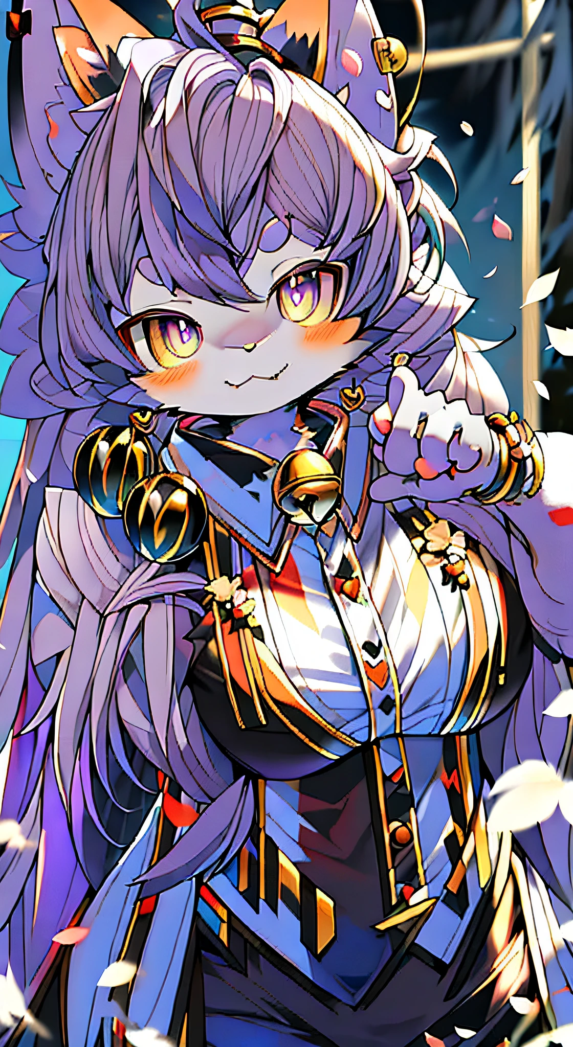 Striped hair, Messy hair, Purple hair, Silver hair, huge ahoge, bell, Heart-shaped pupils, mismatched pupils, Fox ears, Heart earrings, Cat ears, drunk, Seductive smile, High detail, Depth of field, hyper HD, A high resolution, Masterpiece,Delicate hands,Cherry blossom petals fall,Cat's paw gesture