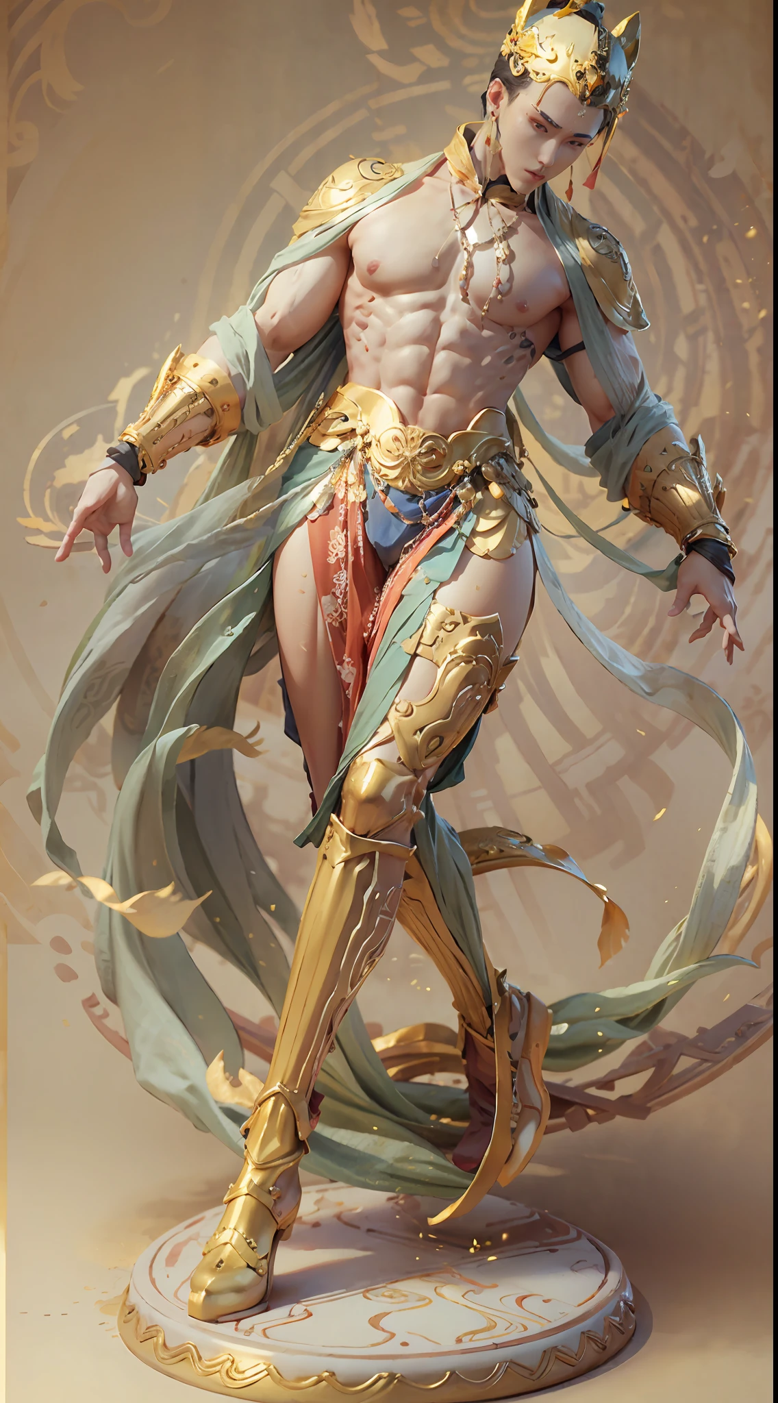 Sculpture design，Figures，GK model，（The whole body of the character），Expose muscles，（sexy for），（Exquisite base），The colors of the clothes are gold and white，Transparent texture，Wu Yifan，musculous