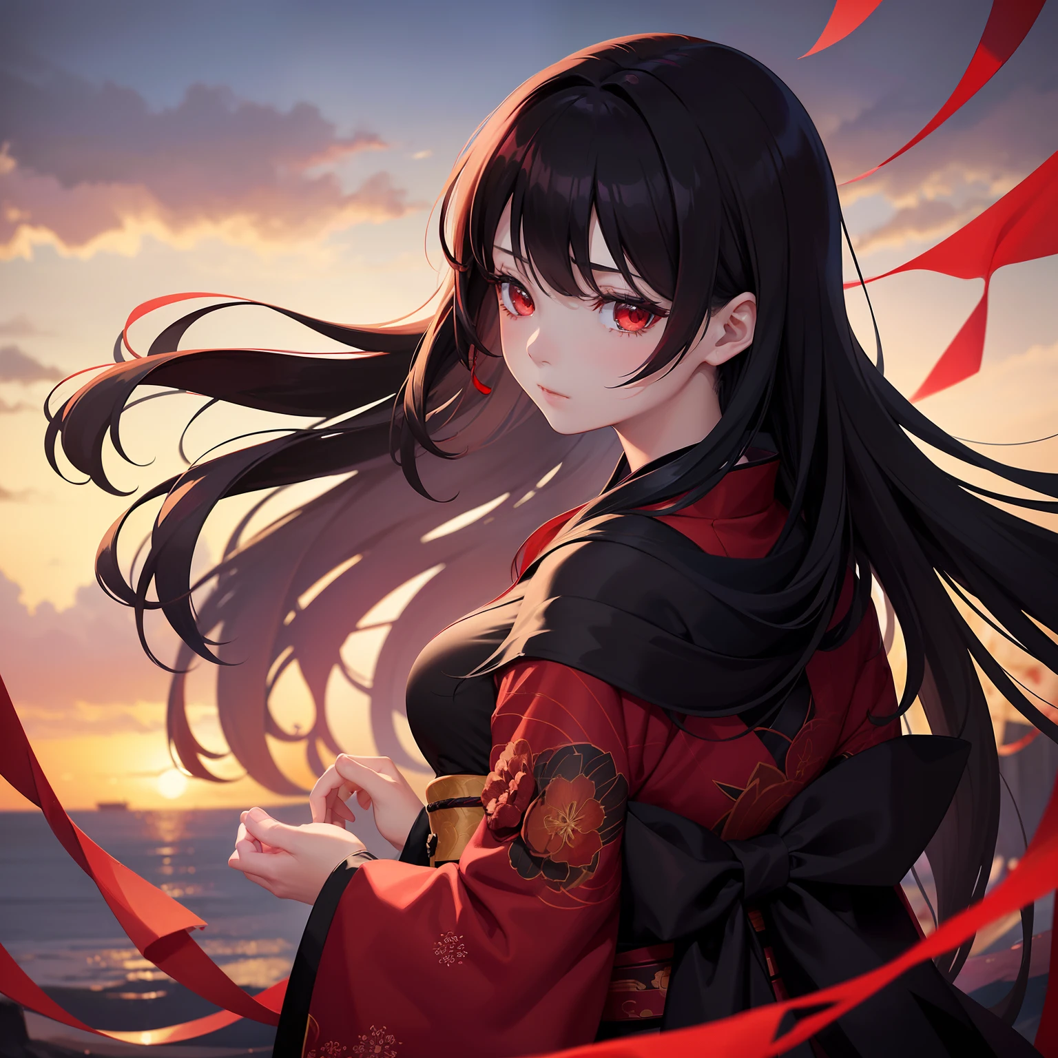 (Beautifully Aesthetic:1.2)、(1girl in:1.3)、(long black and red hair:1.2)、Wearing a colorful kimono of black and red、mysterious beauty、Sadness、sad、Solitude、goddes、Independent and strong、Mysterious and beautiful, but with a temporary glow、Women who feel sadness and loneliness from the past
