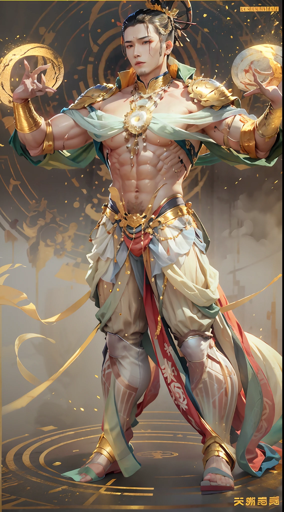 Sculpture design,Figures,GK model,(The whole body of the character),Expose muscles,(sexy for),(Exquisite base),The colors of the clothes are gold and white,Transparent texture,Wu Yifan,musculous