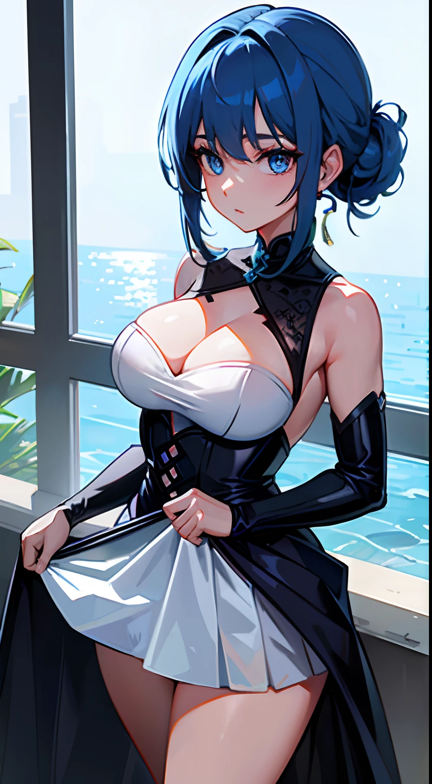 ((masterpiece)),(best quality),(detailed),(1girl), Blue hair, Blue light eyes, updo, nakeness