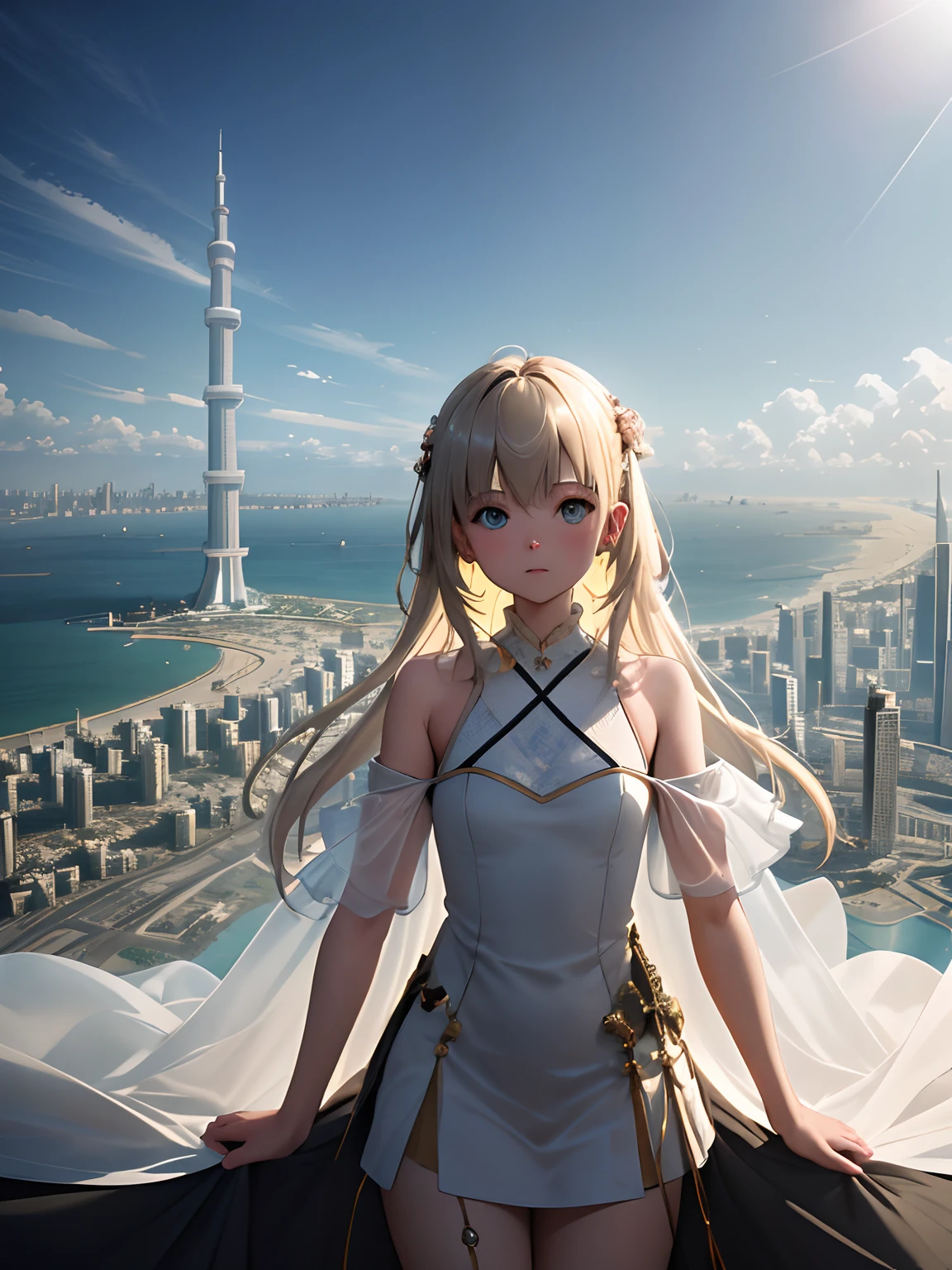 /image (Masterpiece), 8k, realistic, insanely detailed shot, sunlight, From below, Generate a photo of a girl who is climbing the tower of Burj Khalifa. Create an image depicting a scene where my life is divided into two parts, symbolized by a small, elevated hill near the sea. On one side of the hill, show a representation of my past experiences, and on the other side, portray my future aspirations and dreams. Use the serene backdrop of the ocean, with the hill standing as a boundary between my two life phases. Capture the essence of reflection, growth, and the journey ahead.