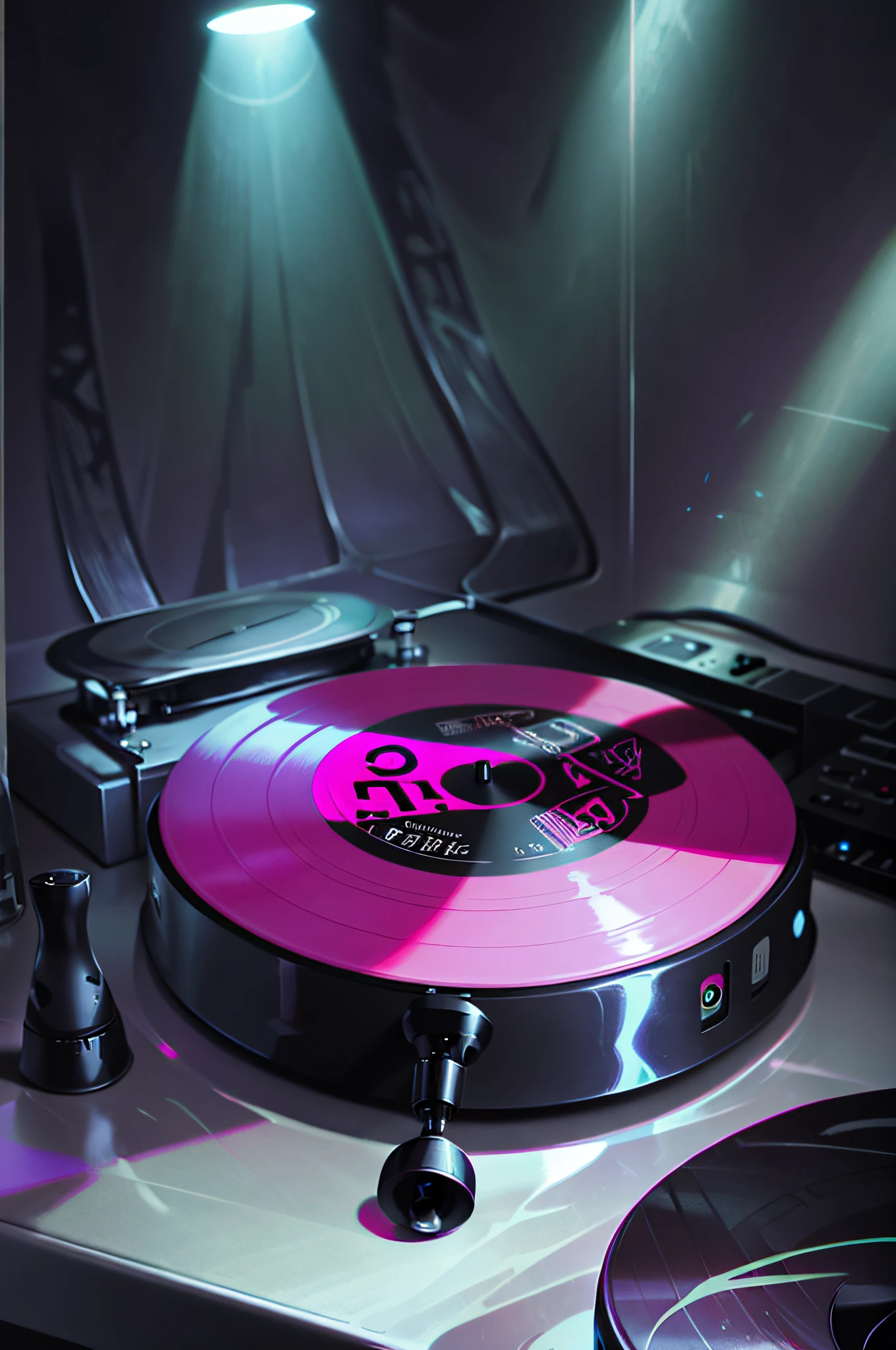 Vinyl record player, Pink predominantly, PS Mix tool effect, Color fluid effect, Ultra-clear picture quality, Cool, 8K, down view