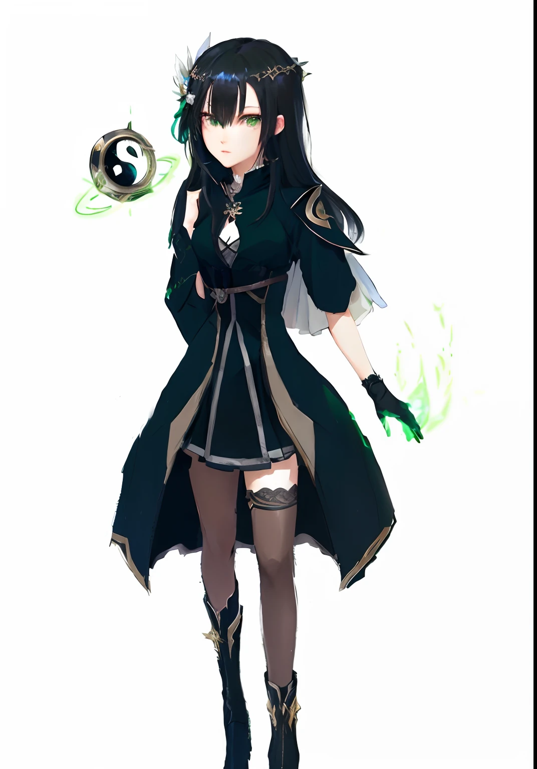 Anime girl with black hair and green eyes holding green object, black-haired mage, Human :: sorceress woman, full-body xianxia, arcane art style, inspired by Jin Homura, Mago da Terra Feminino, female mage!, /!\ sorceress woman, anime in fantasy style, Anime girl wearing black dress, epic mage girl character