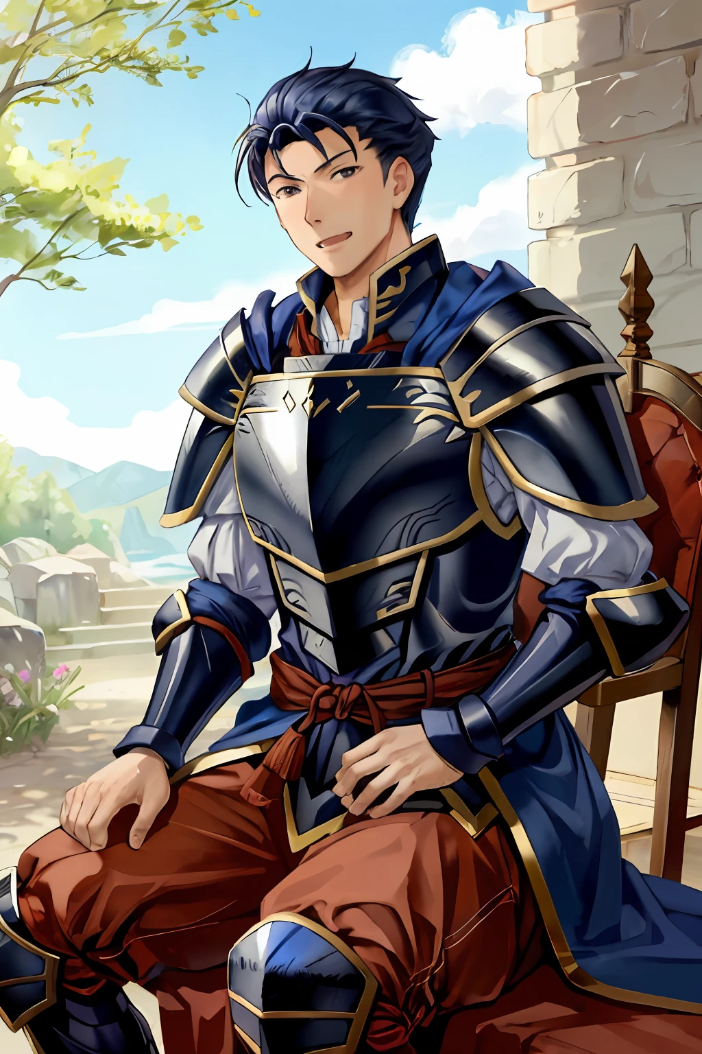 Hector Fey, 独奏, looking at viewert, Teasing laughter, Open your mouth,drools,perspire,Drenched,Get wet,mitts, 1 man, Male focus, sit astride(sit on chair),Cloak, Armour, Shoulder armor, look from down