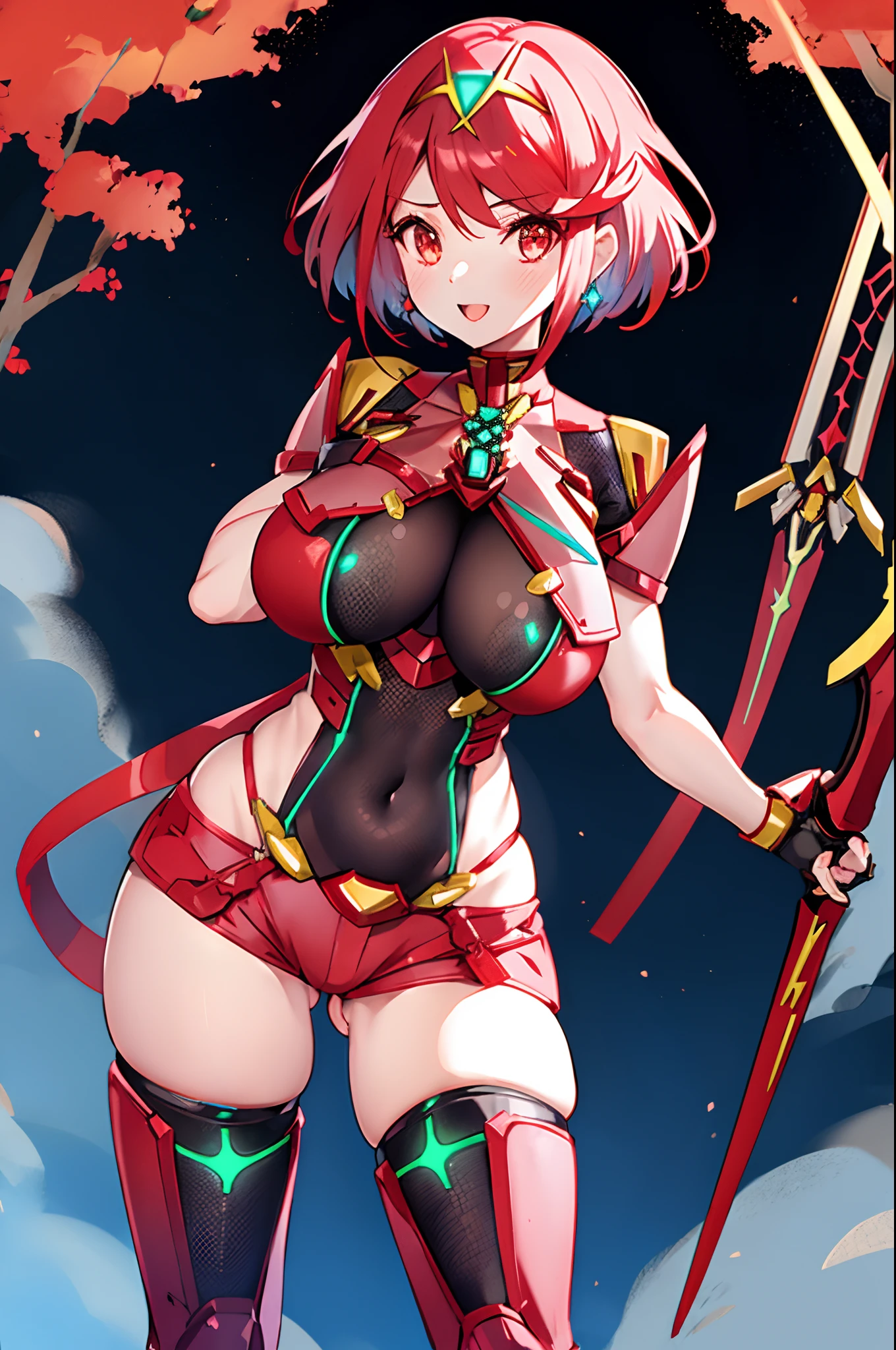 pyra \(xenoblade\), teen_1girl, armor, bangs, black gloves, breasts, red eyes, closed mouth, earrings, eyelashes, fingerless gloves, floating hair, framed breasts, gem, gloves, hair ornament, headpiece, jewelry, big_breasts, leaning back, leotard, neon trim, official art, pose, red hair, red shorts, saitou masatsugu, short hair, short shorts, short sleeves, shorts, sidelocks, skin tight, solo, standing, swept bangs, thighhighs, tiara, night_prairie_background, turtleneck, underbust, vambraces, xenoblade chronicles \(series\), (xenoblade chronicles 2), apart_legs, fire_effect,dynamic_pose_fighting,light_smile, (plump:1.1), big_ass,huge_sword, hold_large_sword_hilt, solo, covered_nipples, covered_pussy,open_mouth,back_view, fists,