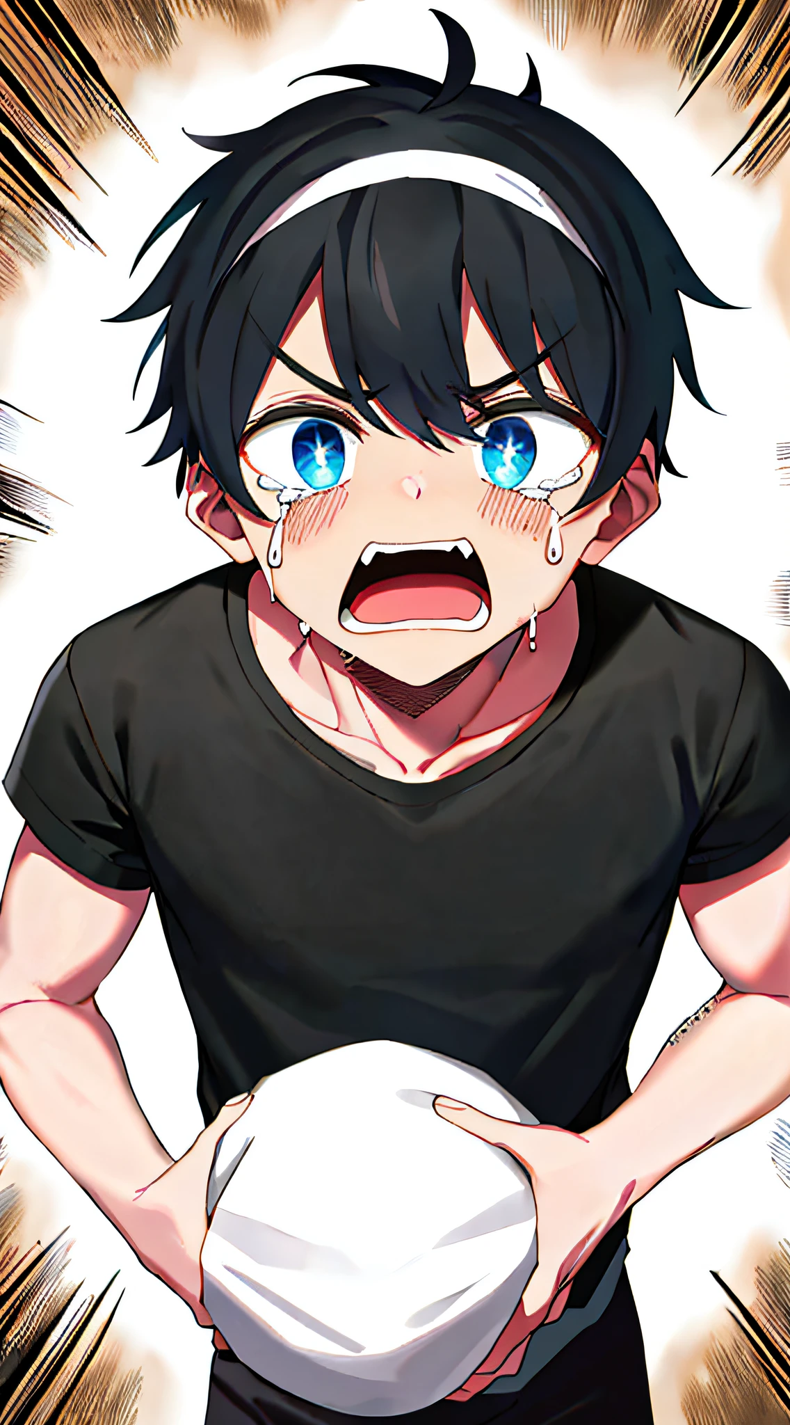 head band(White strips of cloth)Men wear(Black T-shirt and black trousers)Face carrying(The expression of opening his mouth and crying loudly),