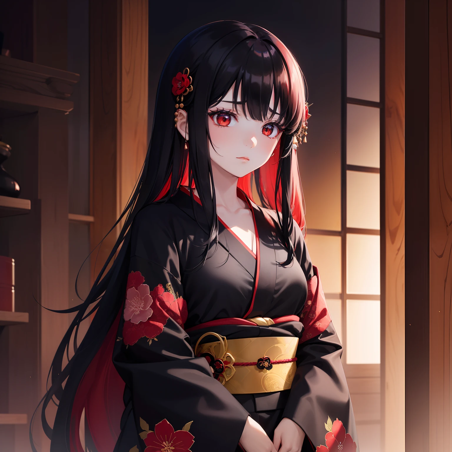 (Beautifully Aesthetic:1.2)、(1girl in:1.3)、（long black and red hair:1.2)、Wearing a colorful kimono in black and red、Mysterious Beauty、saddened、sad、solitude、goddes、Independence and strength、Mysterious and beautiful, But with a temporary glow、Women who feel sad and lonely from the past