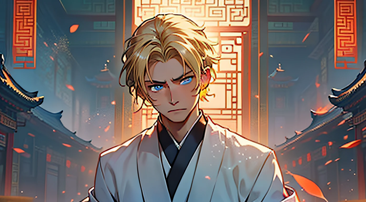 5, (1 person) (Male, (((Blue eyes))), (((Short blonde hair))), Light blue trousers with white light gauze jacket, Blonde boy, Her eyes were filled with determined and touching emotion) (Background: Inside the sacred and magnificent ancient Chinese imperial palace).