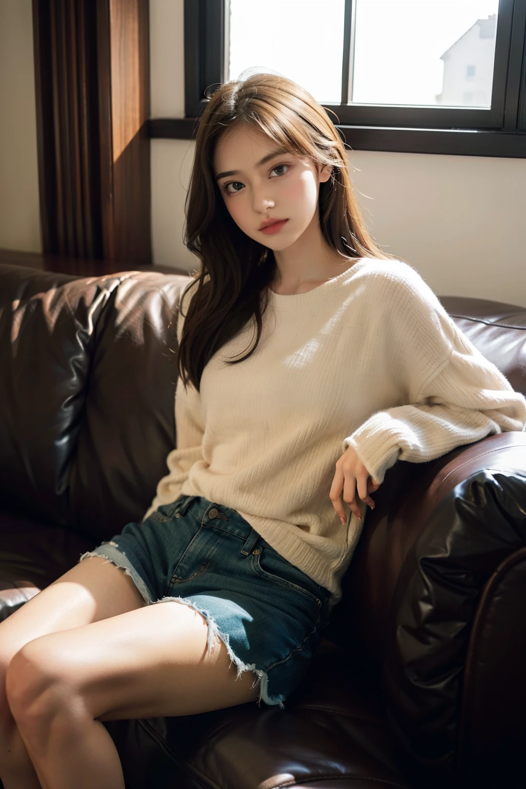 1girll,Sit on a comfortable sofa,Cross ed leg,Soft light，nakeness