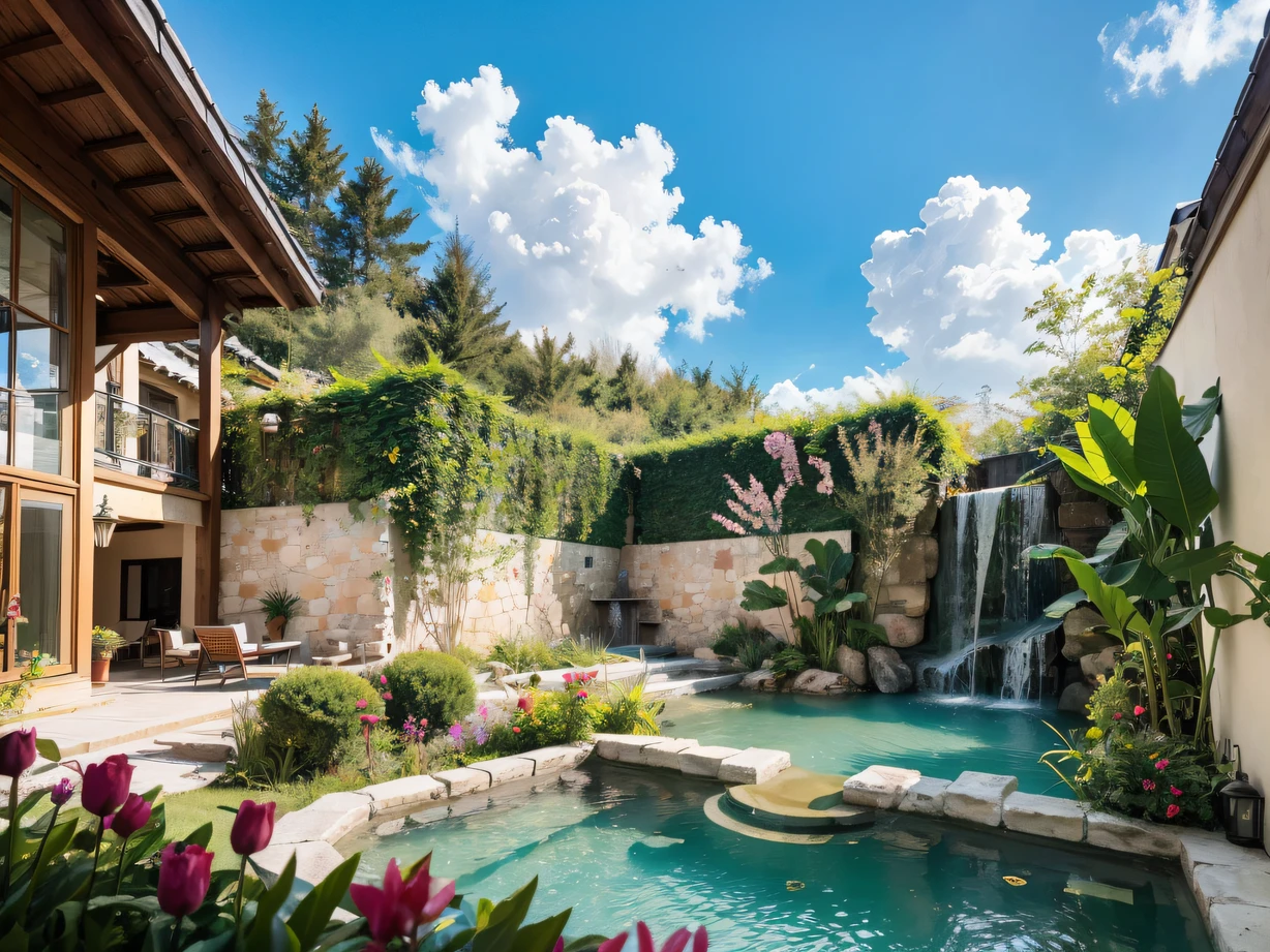 ,masterpiece, best quality,8k, ultra highres,Step into this courtyard,It's as if you've entered a wonderland shrouded in mysterious power。Open-air hot spring pool,The waterfall pours down from the golden bath,The sound of splashing water is like the sound of heaven。The surrounding area is full of exotic flowers and plants,fire red、Green、Brilliant colors are woven into a beautiful picture。Over here,You can enjoy nature's bounty to the fullest,Feel the complete relaxation of the body and mind。