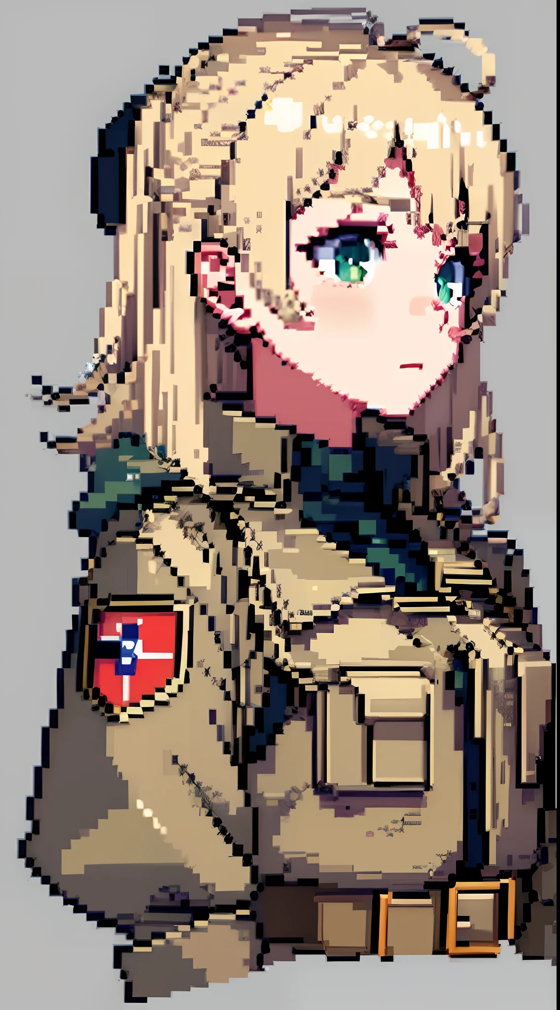 hcnone, Pixel art, Masterpiece, pix, 1girll, Beige blonde, Light brown hair, Green eyes, Petite, Small chest, Face only, serious expressions, army suit，military hat，War style，ahoge, Anime style, Cute, Simple background, greybackground