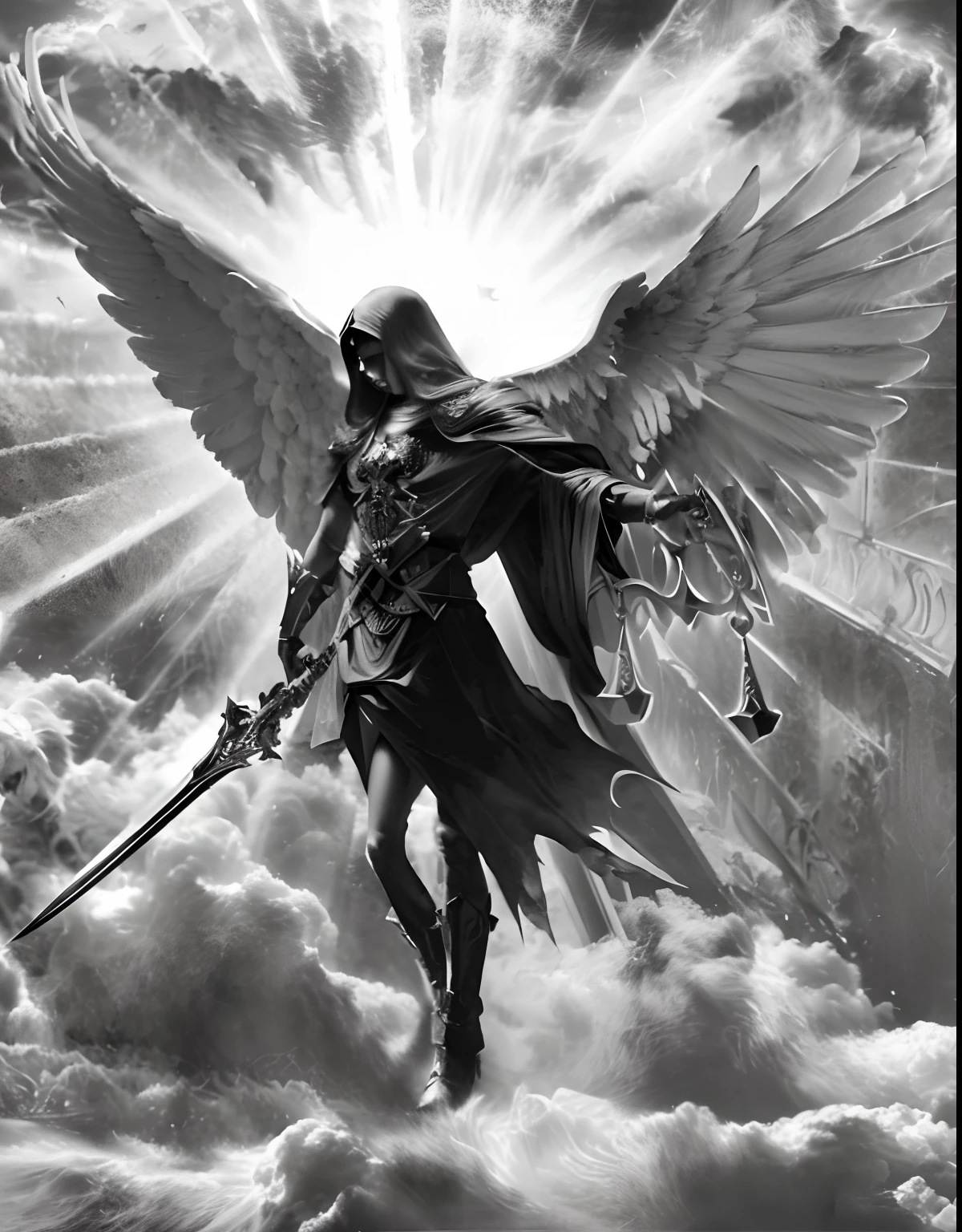 a black and white photo of an angel holding a sword, the angel of death, archangel, the angel of death with a halo, angel of death, archangel michael, dark angel, angel, portrait of the angel of death, totalitarian socialist angel, saint michael the angel, portrait of the death angel, angel protecting man, angelical, lucifer