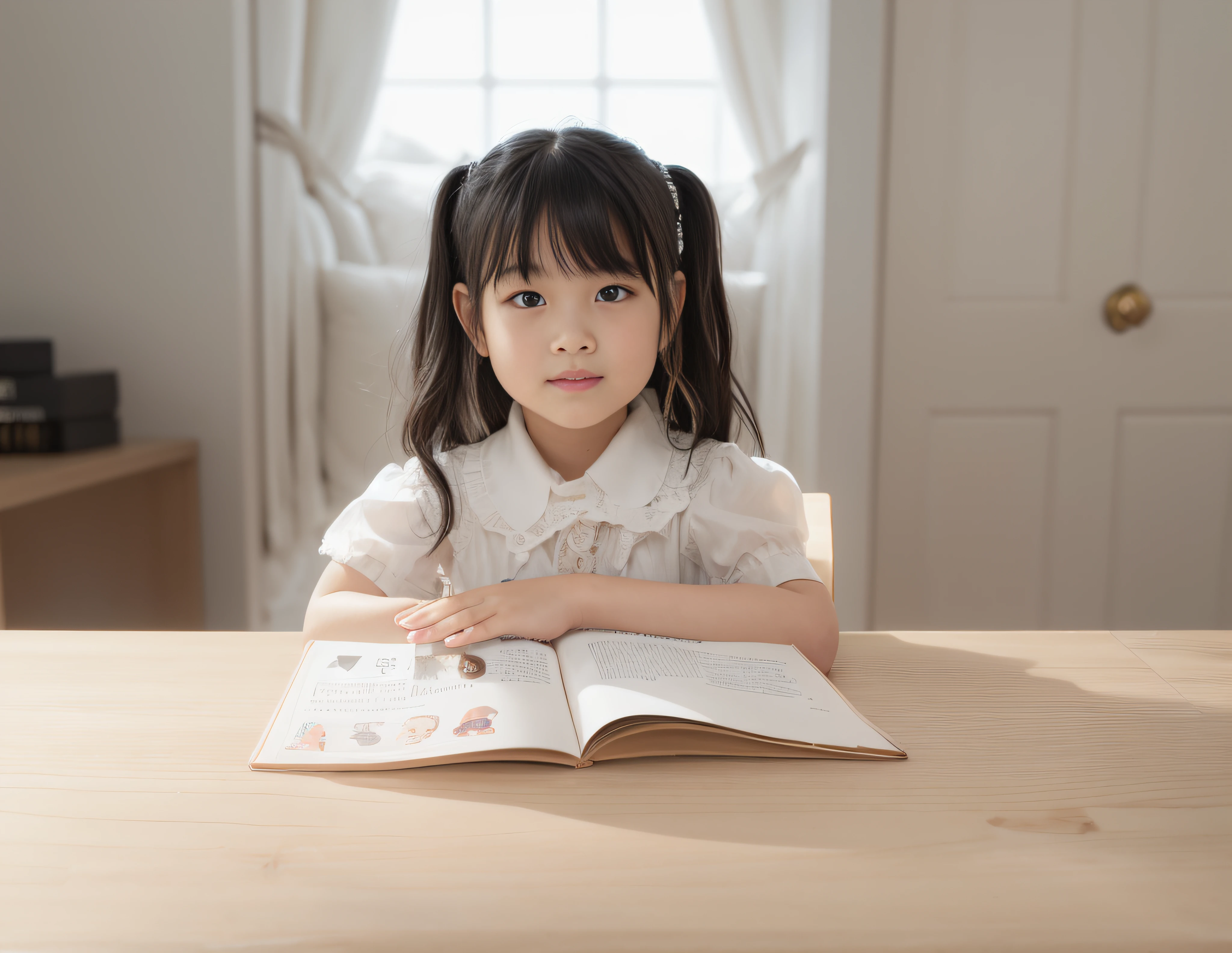 Inside the white study，*********** reading，Black hair，manga book，Place one hand on the other，An open book，A natural hand，Creamy texture，mano，A natural hand，Flat hands。