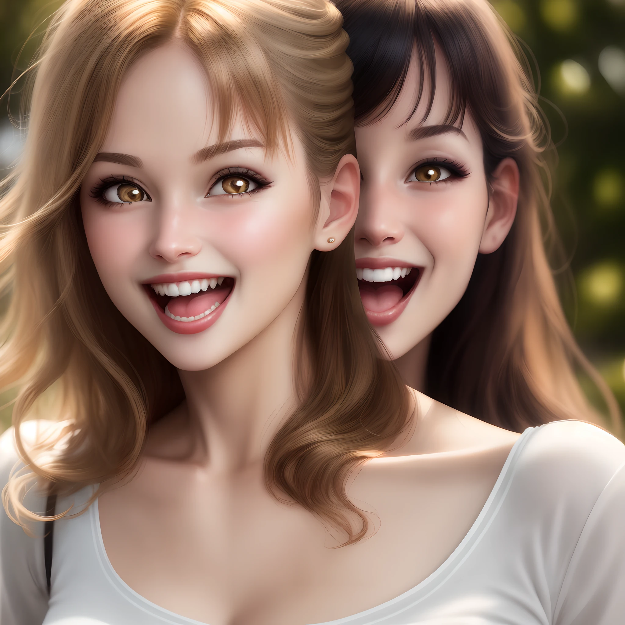 a woman, mouth open, tongue out, wide smile, happy face, extreme midday sun, toplit, frontlit, cute, seductive, white caucasian, sharp focus, dslr, professional , stunning, very detailed, aesthetic, ultra realistic, wholesome, warm light, low cut blouse, detailed pupils, detailed eyes, golden eyes, very detailed skin, pretty teeth