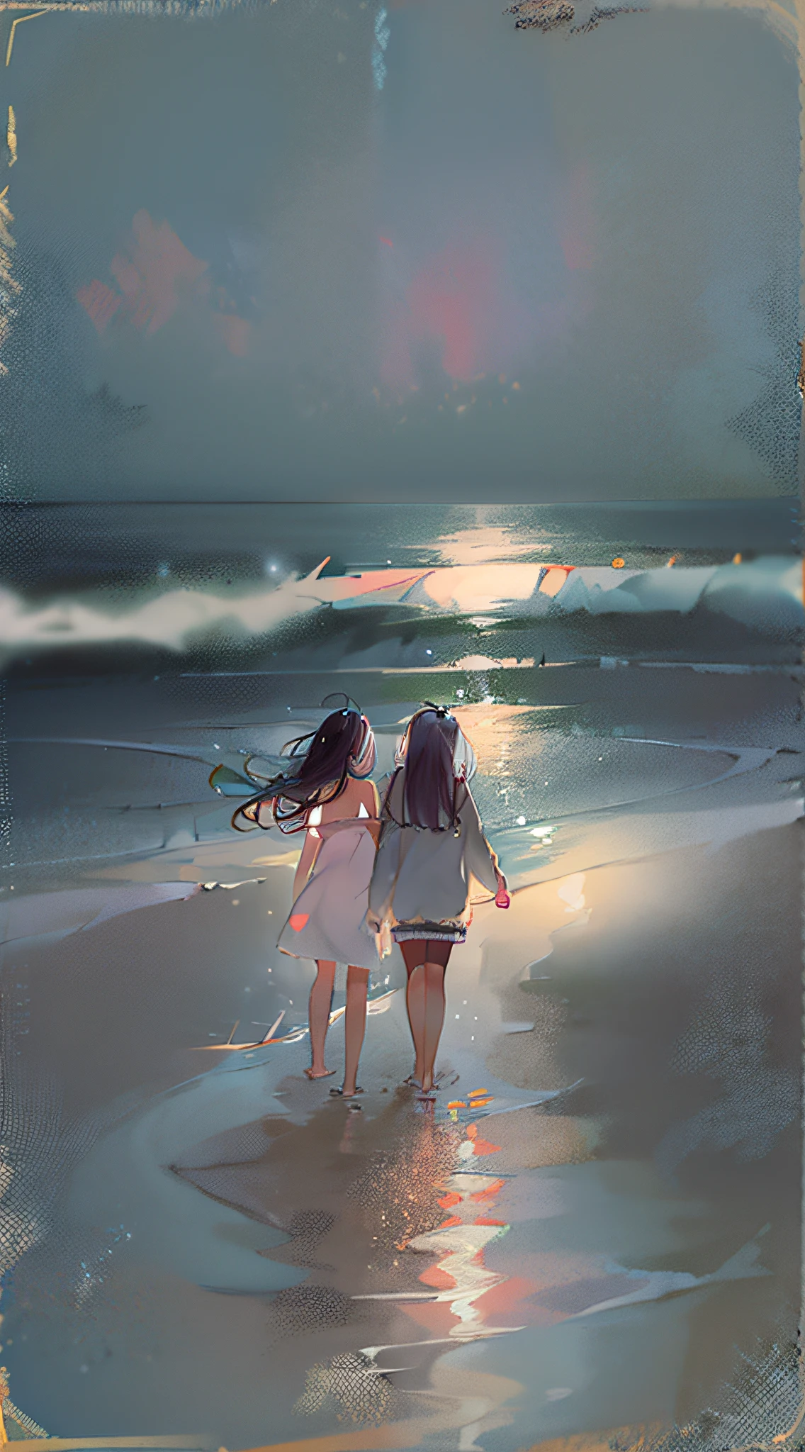 On a moonlit beach, two women walk hand in hand along the shoreline, the waves gently lapping at their bare feet. The silvery light reflects off the water, casting a romantic glow on their faces. With the stars twinkling above and the distant sound of crashing waves, their lips meet in a tender kiss filled with longing and connection. The salty breeze carries their laughter and the scent of the sea, enveloping them in a serene and passionate moment. The scene is captured in a dreamy, soft-focus style using pastel colors and gentle brushstrokes, conveying the timeless nature of their love., from behind, ass,