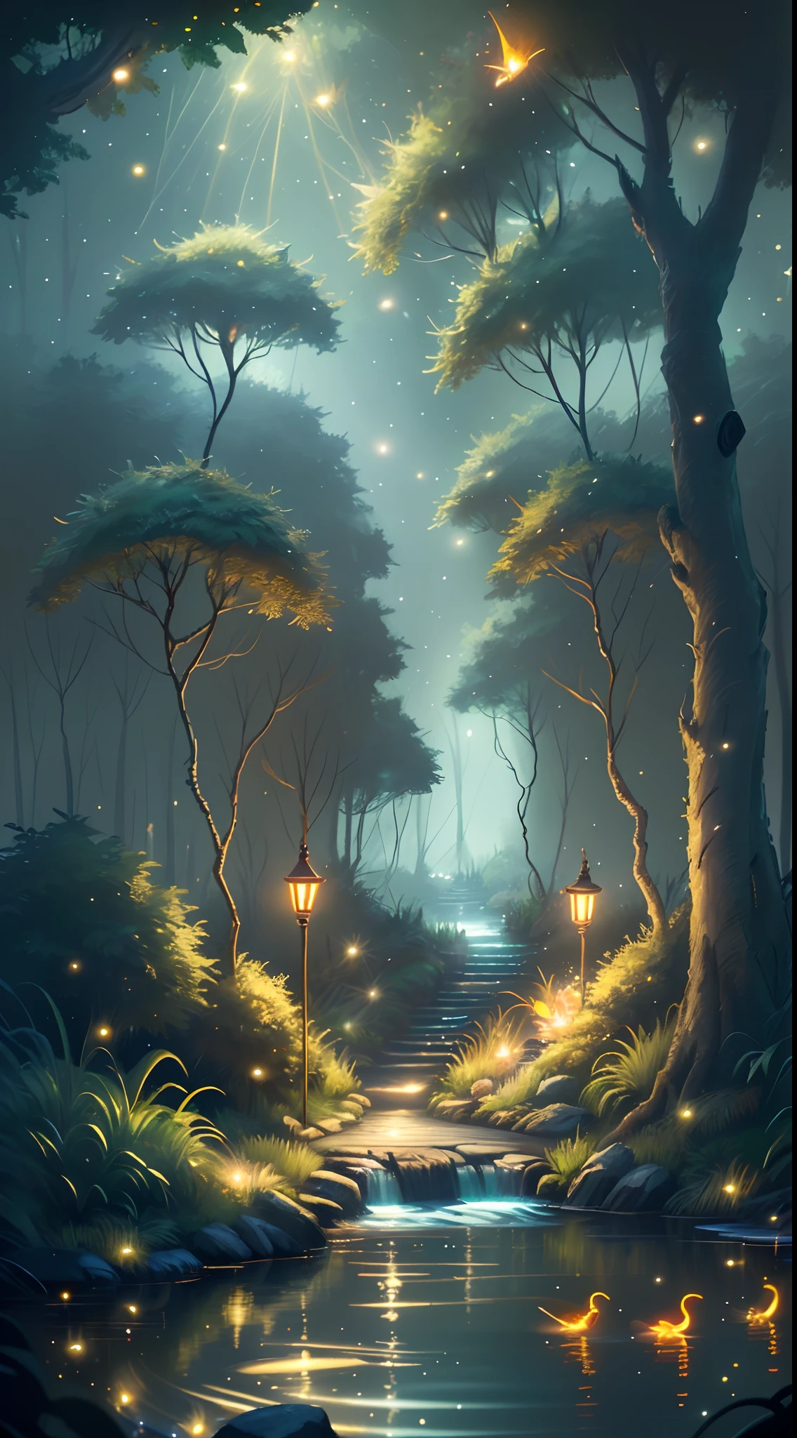 Masterpiece, best quality, (very detailed CG unity 8k wallpaper), (best quality), (best illustration), (best shadows), glow sprite, with a glowing deer, in the swimming pool Drinking water, natural elements in the forest theme. Mysterious forest, beautiful forest, nature, surrounded by flowers, delicate leaves and branches surrounded by fireflies (natural elements), (jungle theme), (leaves), (twigs), (fireflies), (particle effects) etc. 3D , Octane rendering, ray tracing, super detailed --v6