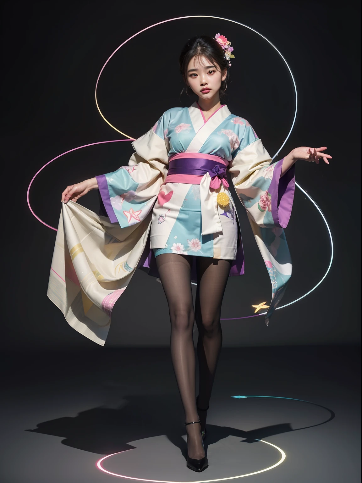 (full body:1.5),(looking at viewer:1.4),(anatomy correct:1.3), (Wearing Pantyhose, pointed toe high-heeled, and Printed kimono:1.2), (wirewalking:1.2),(In pink|amarelo|blue colors|green color|red colour|white colors|black in color|purpleish color|greys|Beige|Flesh color 1.4),(Accurate and perfect face:1.4),A shallow laugh,,hyper HD, Ray traching, reflective light,structurally correct, Award-Awarded, high detal, lightand shade contrast, Face lighting,cinmatic lighting, tmasterpiece, super detailing, high high quality, high detal, best qualityer, 16k,high contrast,