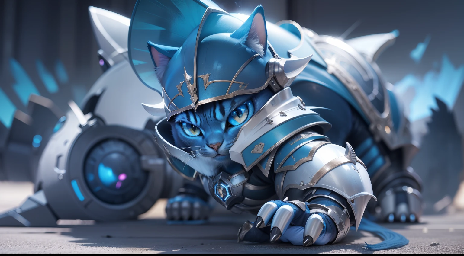 blue cat, big eyes, metallic armor, ready to fight, 8k, hd, big res