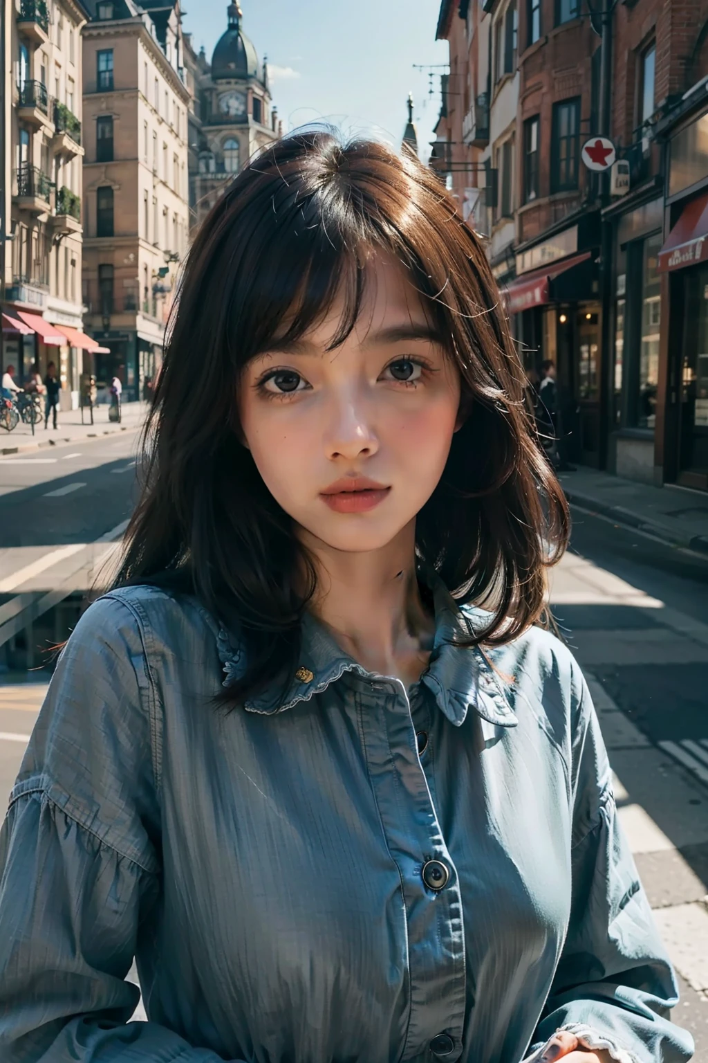 (Masterpiece-grade,Best quality quality,Super detailed)illustration,Unique atmosphere,one-girl,Charming eyes:1.2,City view,A corner in Street View