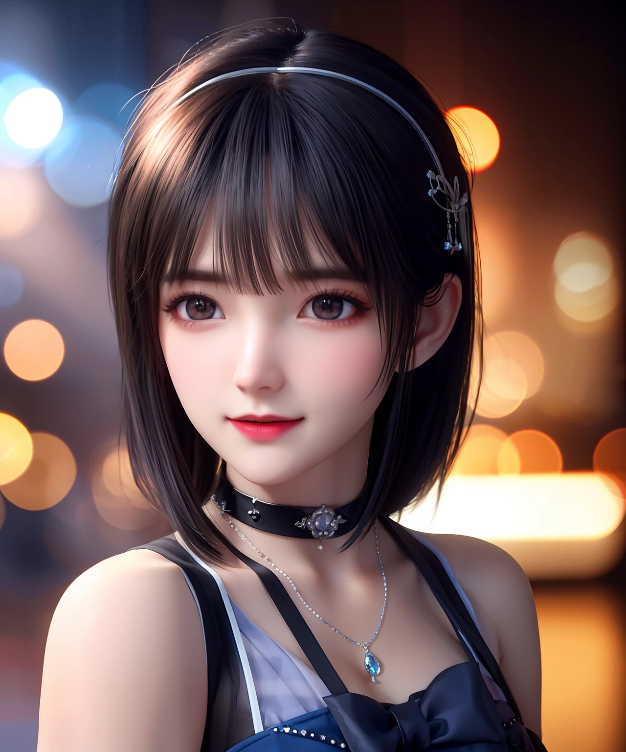 best qualtiy,Yunyun,tmasterpiece,A high resolution,1girl,Porcelain skirt,hair adornments,choker necklace,jewely,beautiful face,Physically,dingdall effect,realisticlying,dark studio,edge lit,twotonelighting,(highdetailskin:1.2),8k uhd, dslr, softlighting, high high quality, volumettic light, sneak shot, photore, A high resolution, 4k, 8k, Background bokeh,