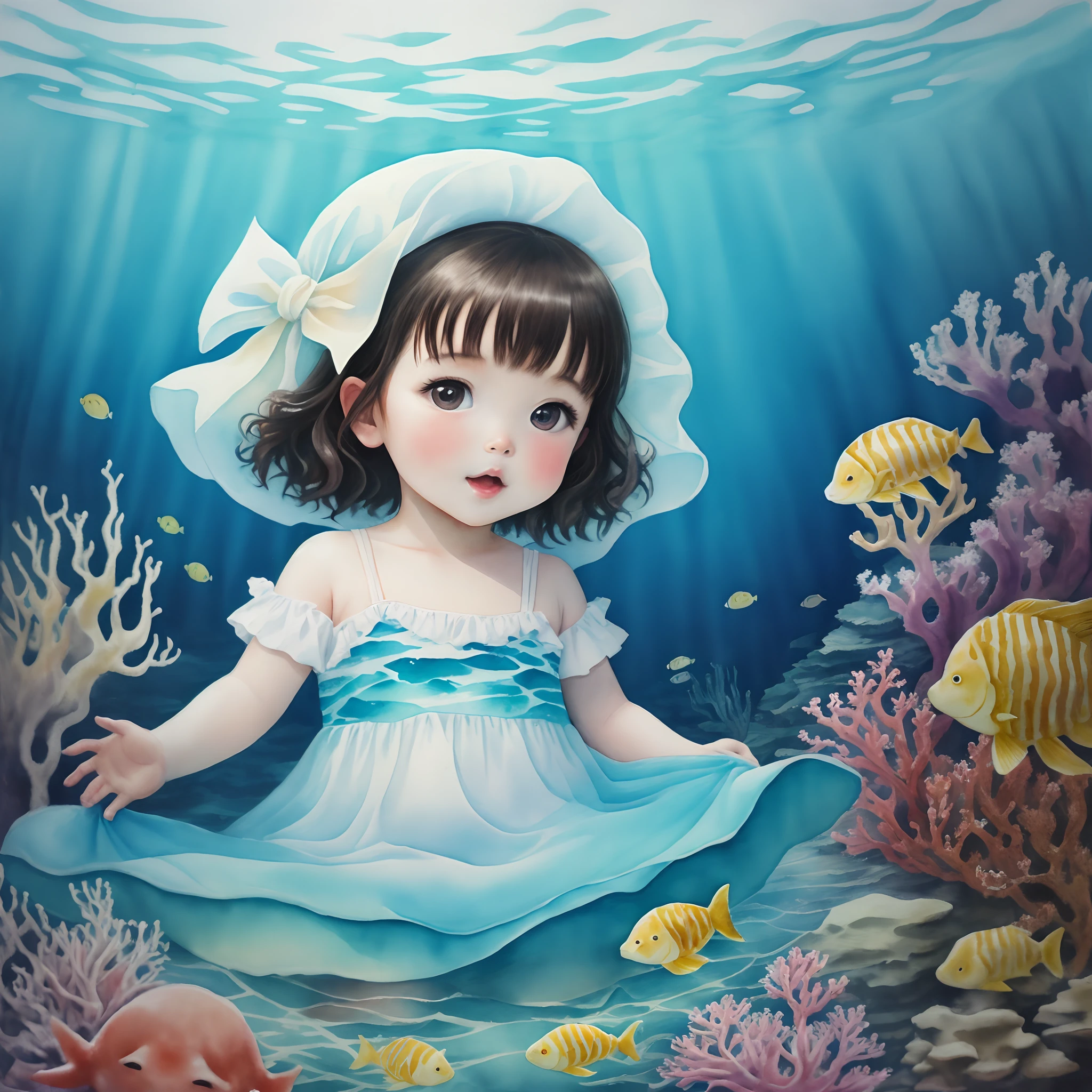 Watercolor painting Baby under the sea.