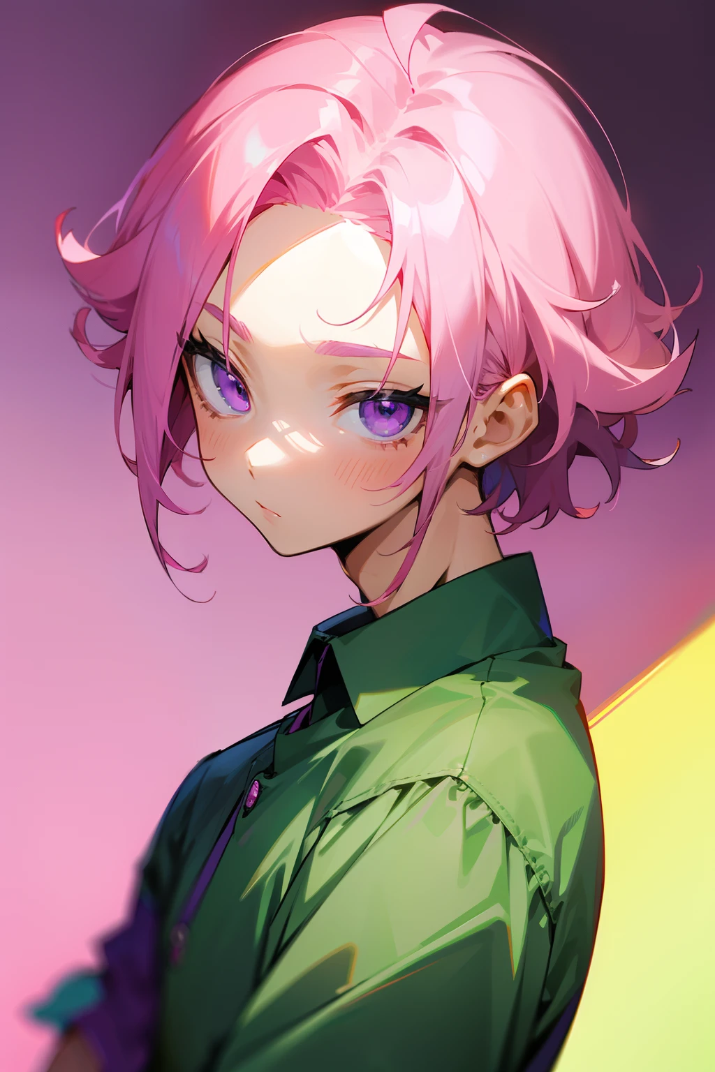 Pink hair,Forehead,Bangs parted in the middle,Purple eyes,Cute Boy,Green shirt,Short hair,Curl hair outward,Yaoi,エロ