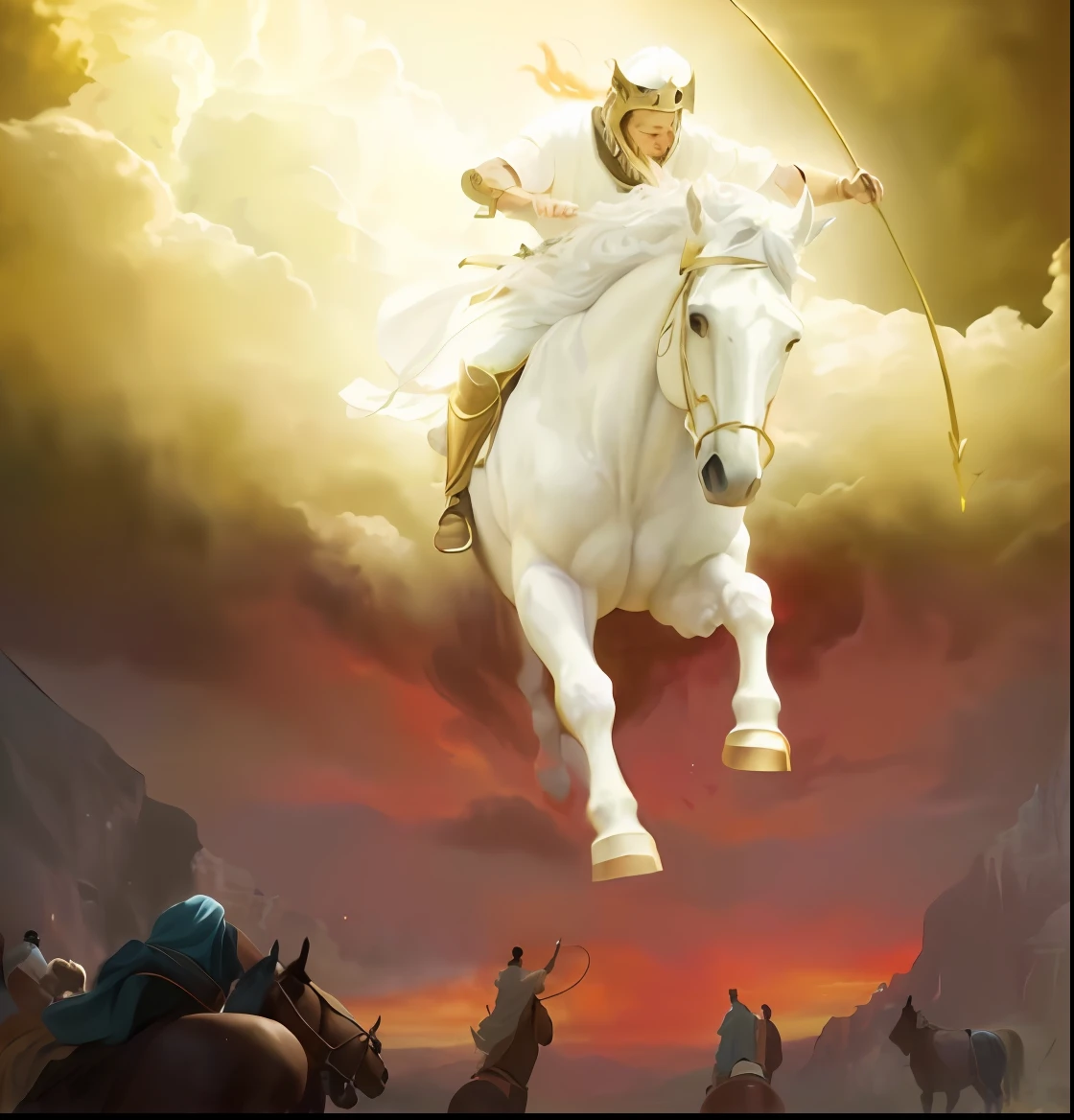 There is a painting of a man on a horse with a bow, epic biblical representation, Mito grego pintura digital, genie, arte conceitual de deus, puṣkaracūḍa, painting of wild hunt in the sky, o cavalo acima, bible illustration, Godrays pintura digital