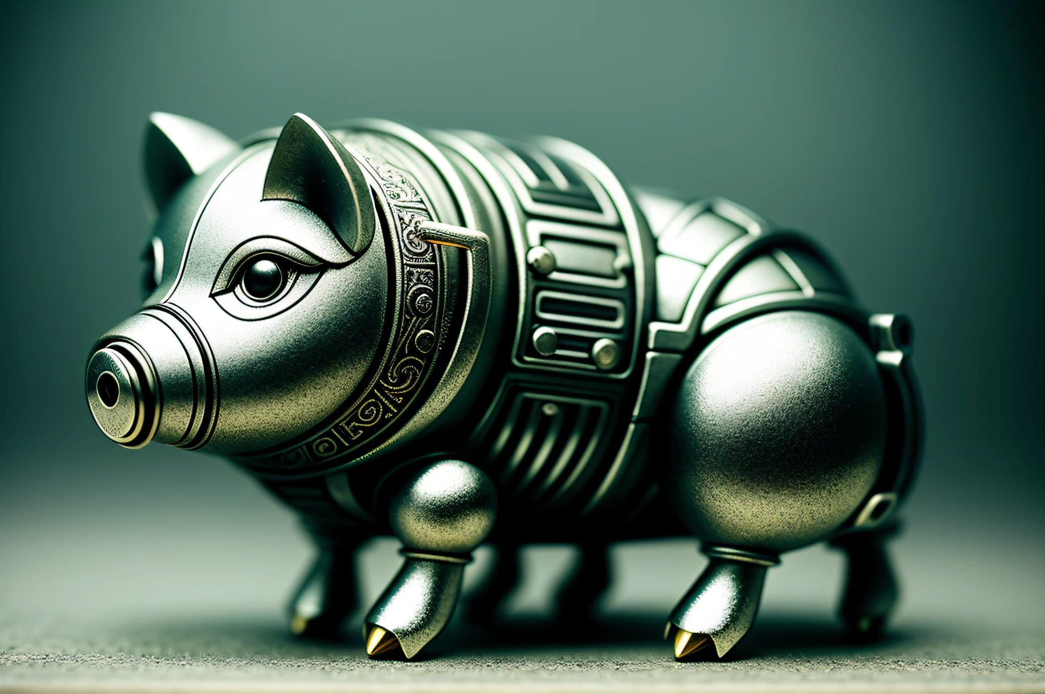 Cute pig made of metal, (Cyborg:1.1), ([Tail | detailed wire]:1.3), (Intricate details), hdr, (Intricate details, ultra - detailed:1.2), cinema shot, Vignette, Centered
