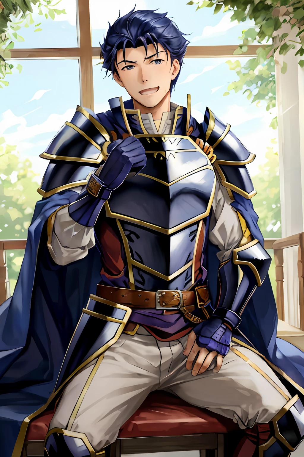 Hector Fey, 独奏, looking at viewert, Teasing laughter, Open your mouth,drools,perspire,Drenched,Get wet,mitts, 1 man, Male focus, sit astride(sit on chair),Cloak, Armour, Shoulder armor, look from down
