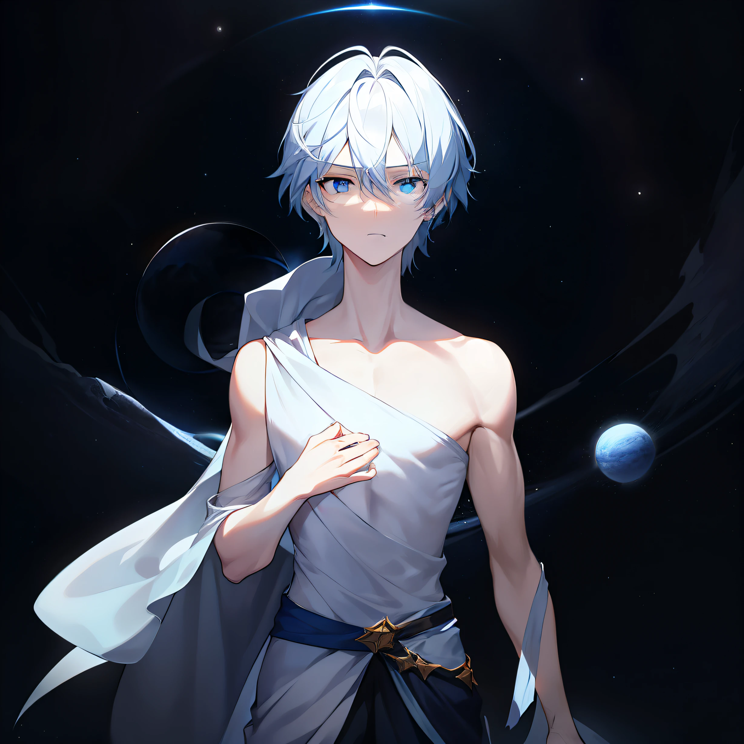A two-dimensional male,18yr old,effeminate,The upper body is dominant,Blue-white eyes,The eyes were slightly confused,With his head bowed,Short white flowing hair,Hold it in both hands,A planet levitates on the hand,Starry sky in the background,The background is dark,With a sense of mystery