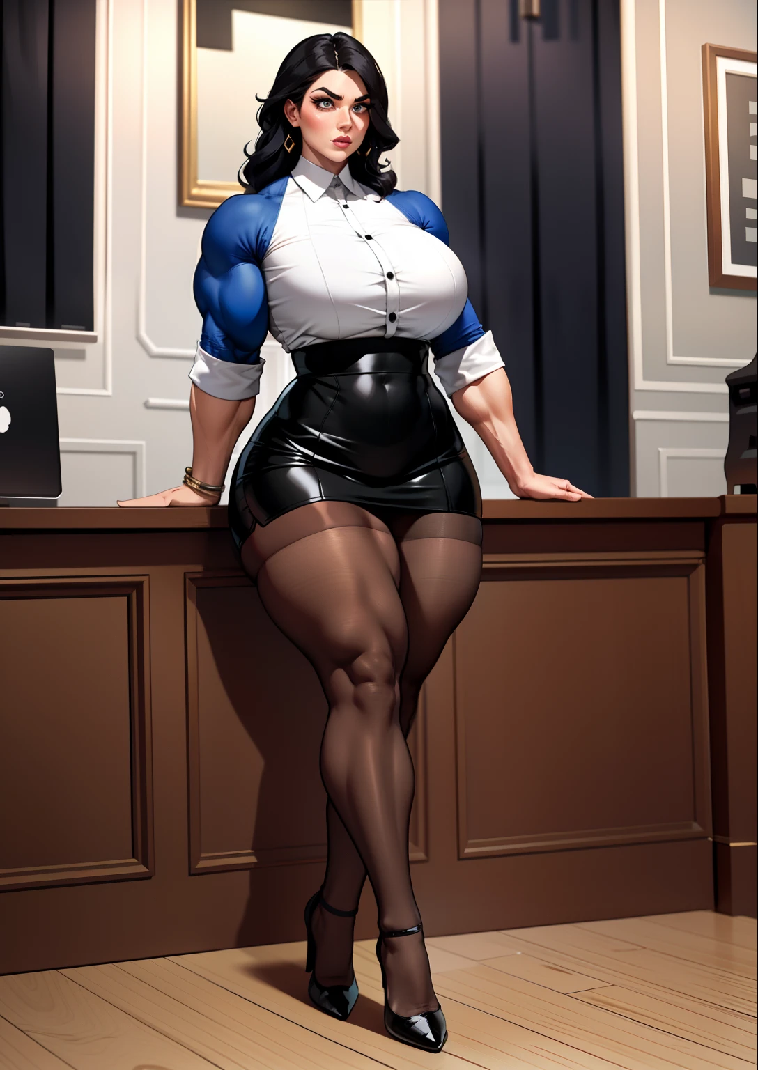 tmasterpiece,The best lighting,office backdrop,perspire,(Full body like:1.1),Burly woman,Masochism,Exaggerated large muscles,(Hostess:1.1),black lence stockings,Pointed-toe heels,Beautiful and charming woman face,largeeyes, 1female,Thin waist,Very broad shoulders, Strong and powerful arms,Stout arms,Thick and powerful leg muscles,long leges