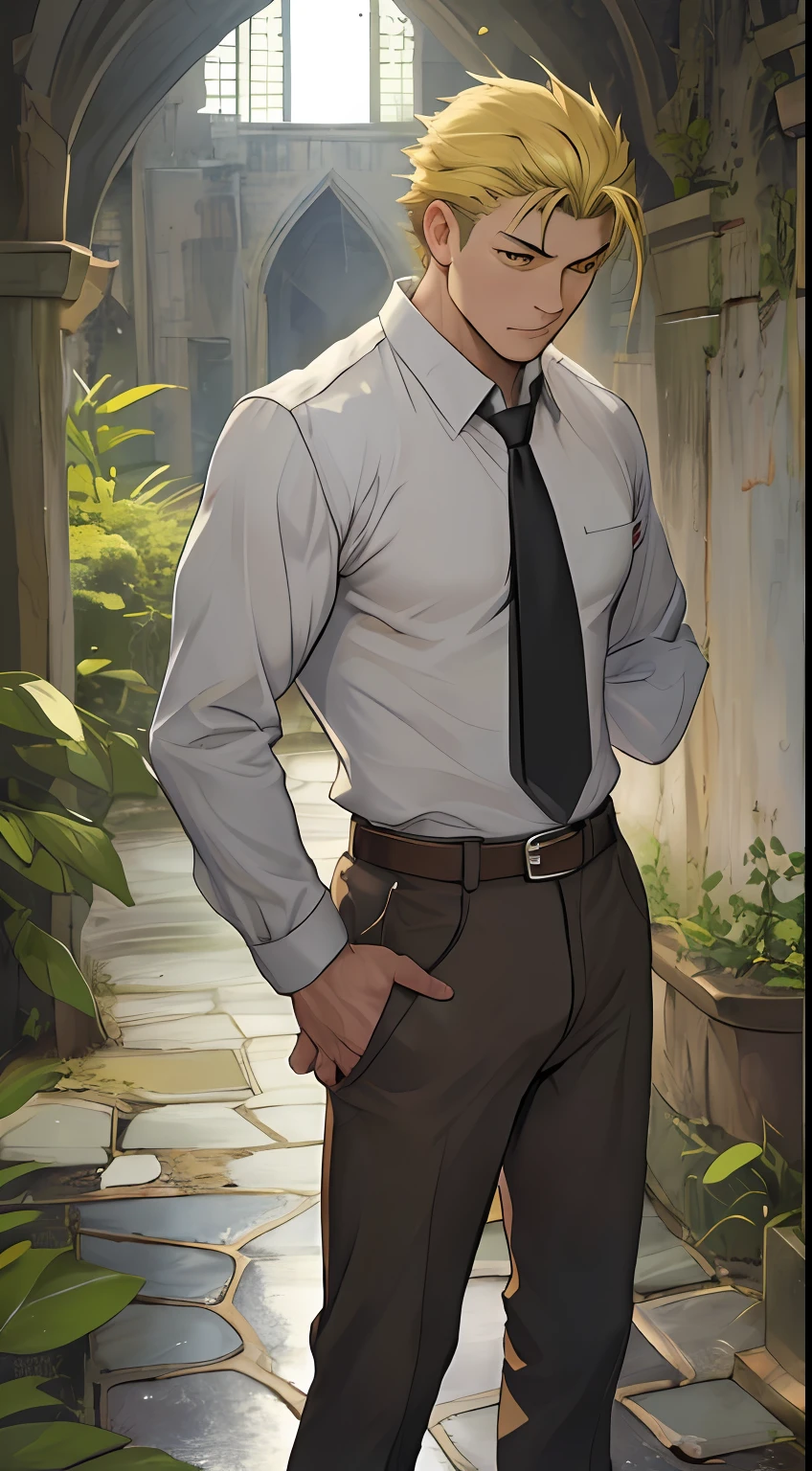 A3R1, Hector Fey ，Look at the upper body more，Pants view，legs separated，A3R1,pissing，Pee yourself，His own urine ran down his thigh，perfect male figure， Aerith Gainsborough ,Put your hands in your trouser pockets，Pee from his legs，yellow eyes，Surrounded by other people， Stand in a very dirty medieval castle，and the sun was shining brightly，Wear a tie，wearing leather belt，Long Sleeve White Shirt，（The shirt is soaked），short yellow hair，perspire，Black suit trousers，dress shoes，Nervously bow your head，is shy，embarressed，Defeat，is shocked，panicking，worry，exteriors，On dry ground， A small puddle of his own urine formed around his feet，Very eager to pee，Wet yourself，Urine discharge，high detal，hentail realism，ultra-realistic realism，three sided view， A masterpiece of careful planning，A high resolution， hyper HD ，??????? correct，super detailing，best qualtiy，A high resolution，8K