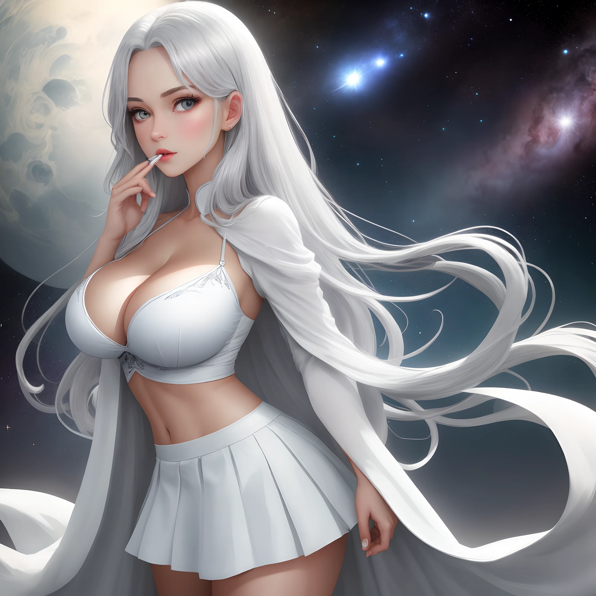 silver-white long hair，Lori huge breasts cleavage，Look down on everything，The eyes contain the universe，The mouth kisses and bites the index finger of the right hand，wearing a white skirt，The entire thigh was exposed