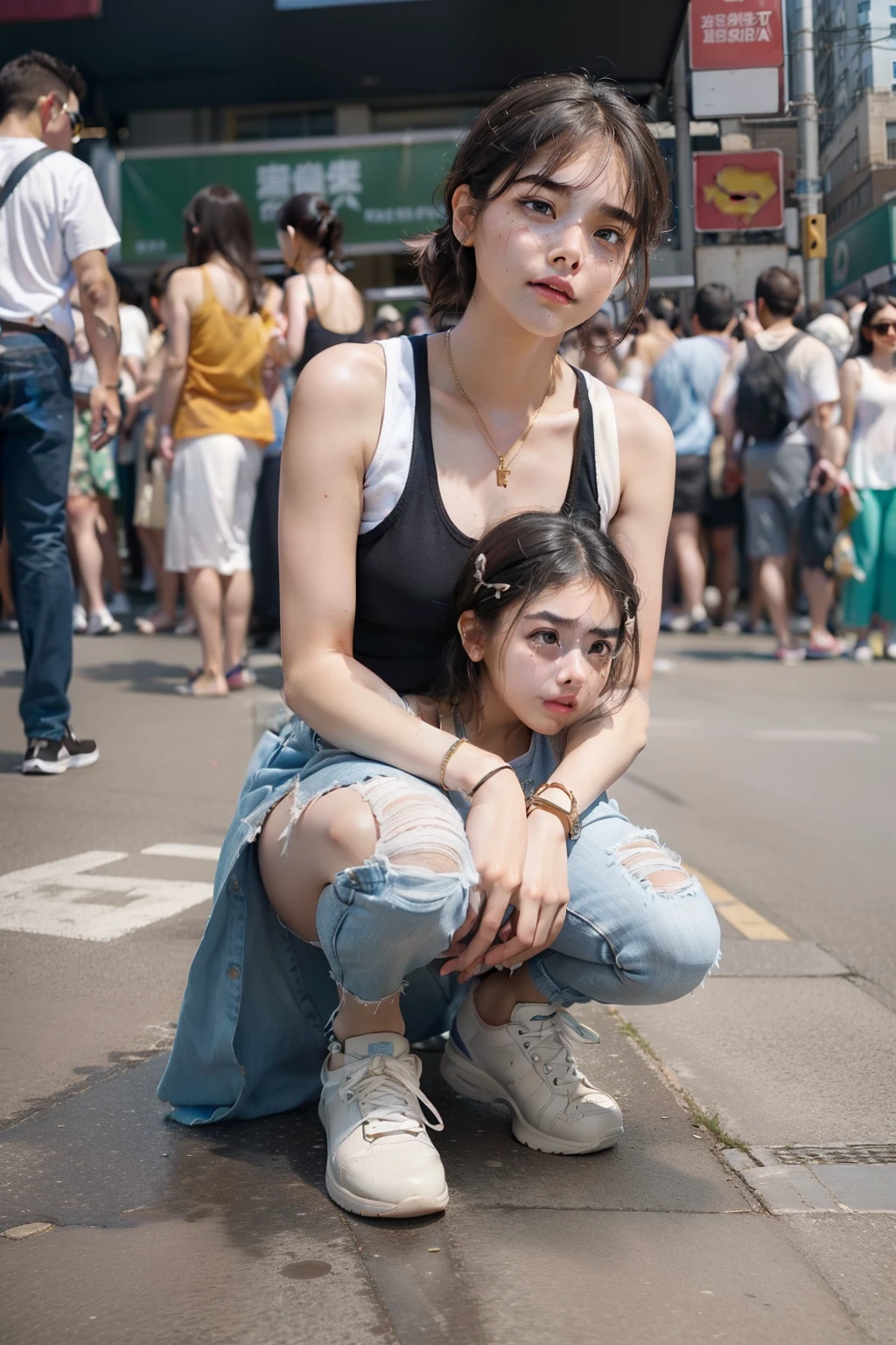 Pee in public、Beautiful tomboy kneeling on the ground and spreading her legs, (Super Cute:1.6),  Peeing, Crying with tears, Embarrassed face, White tank top and pull-up skirt, looking in camera, Pee is pooling under your feet, (Cute face), (((Detailed beautiful face))), (((Beautiful eyebrows))), (((In a crowded city watched by many people))), downbrouse