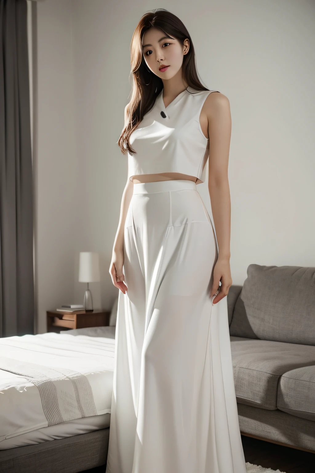 a white long skirt,At home,Korean big sister,Beautiful young woman in Korea,Gentle big sister,realisticlying