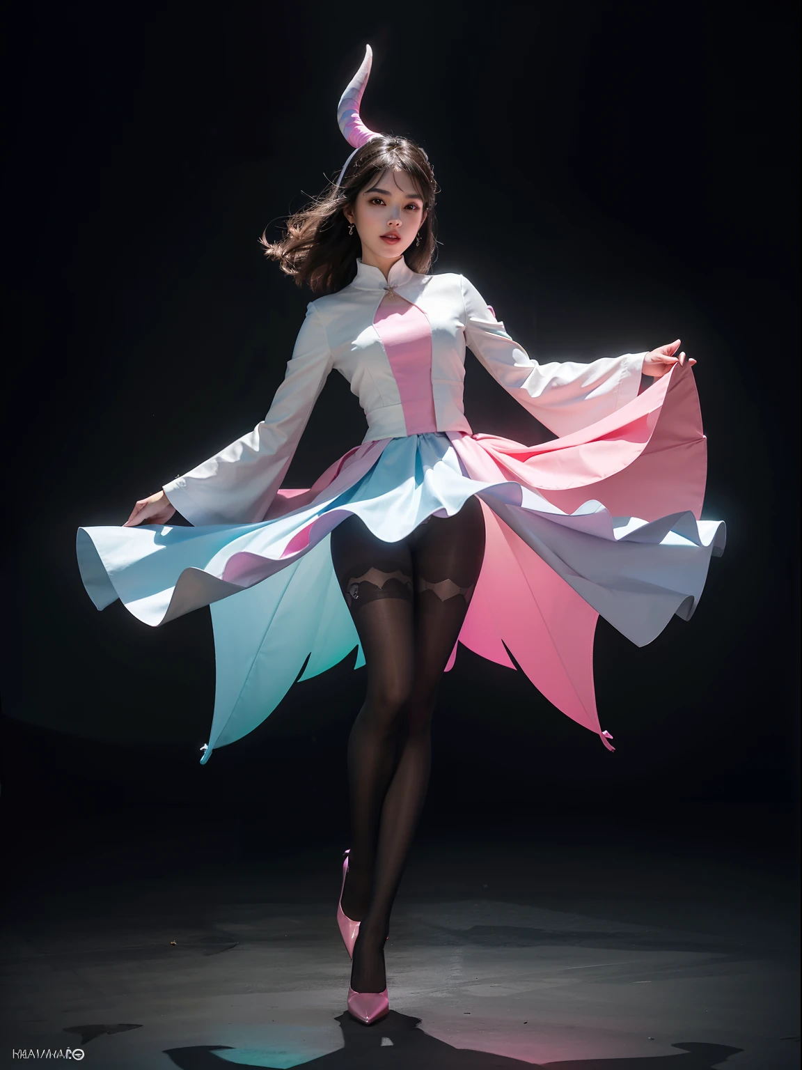 (full body:1.5),(looking at viewer:1.4),(anatomy correct:1.3), (Wearing Pantyhose, pointed toe high-heeled, andFemale Demon Mage Set:1.2), (pigeon-toed pose:1.2),(In pink|amarelo|blue colors|green color|red colour|white colors|black in color|purpleish color|greys|Beige|Flesh color 1.4),(Accurate and perfect face:1.4),A shallow laugh,,hyper HD, Ray traching, reflective light,structurally correct, Award-Awarded, high detal, lightand shade contrast, Face lighting,cinmatic lighting, tmasterpiece, super detailing, high high quality, high detal, best qualityer, 16k,high contrast,