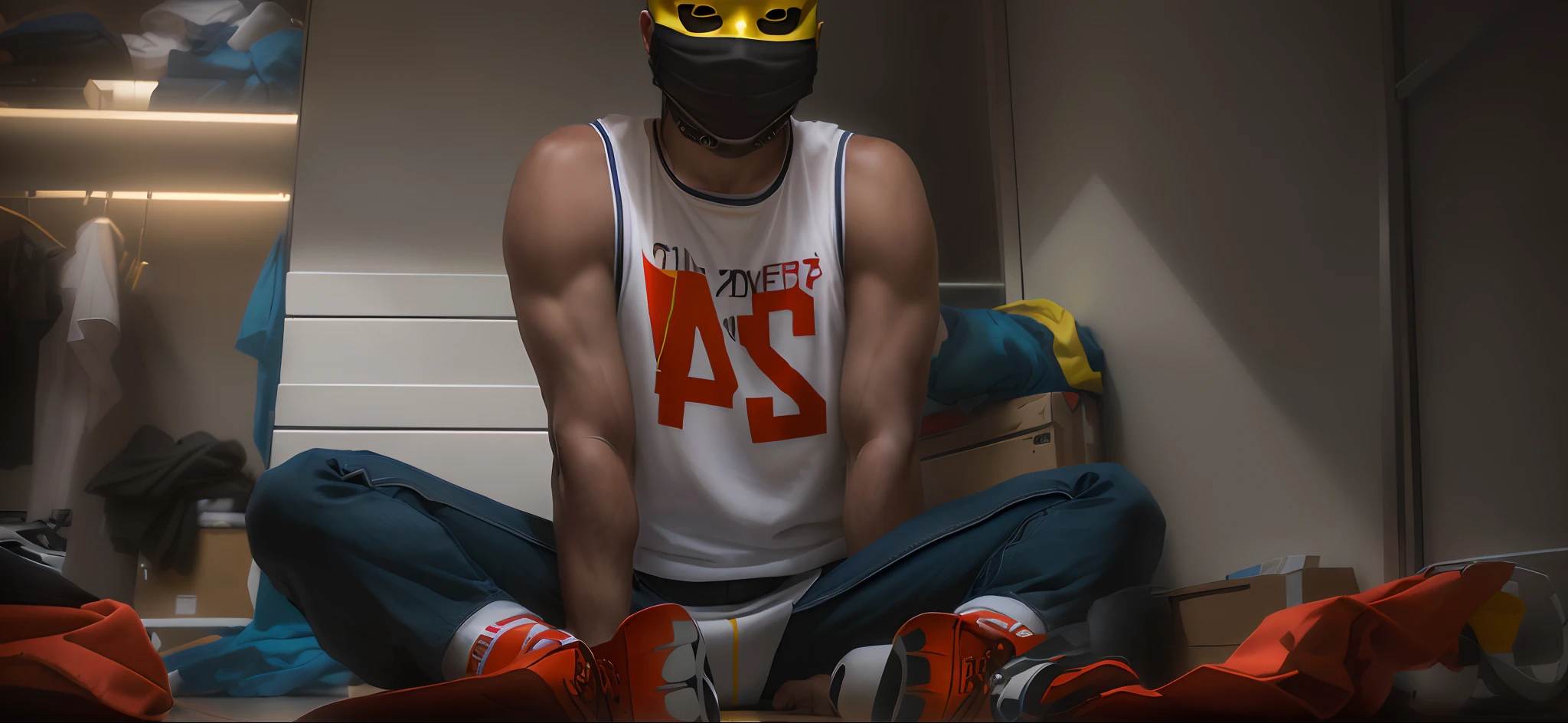 There was a man in a mask sitting on the floor, (sfv) safe to work, his legs spread apart, 2 7 years old, 2 8 years old, 2 9 years old, 2 3 years old, would you let me dress you, 2 2 years old, 38 years old, 21 years old, 3 2 - year - old, kneeling down