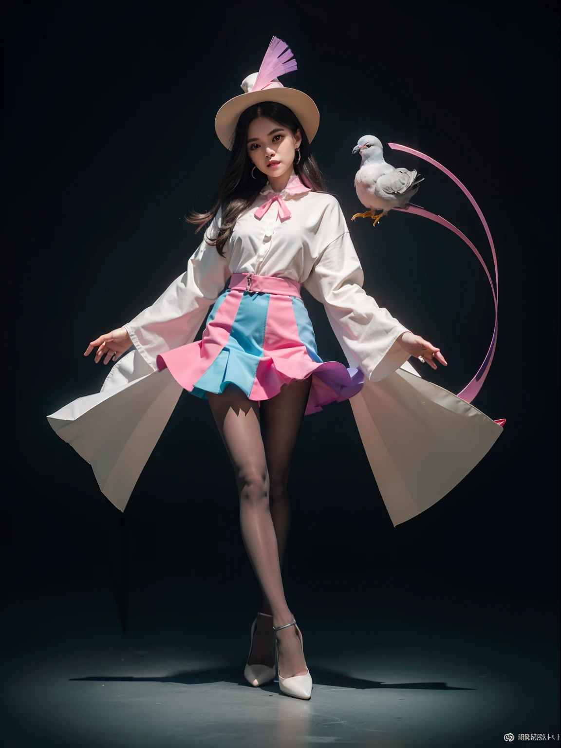 (full body:1.5),(looking at viewer:1.4),(anatomy correct:1.3), (Wearing Pantyhose, pointed toe high-heeled, andFemale Demon Mage Set:1.2), (pigeon-toed pose:1.2),(In pink|amarelo|blue colors|green color|red colour|white colors|black in color|purpleish color|greys|Beige|Flesh color 1.4),(Accurate and perfect face:1.4),A shallow laugh,,hyper HD, Ray traching, reflective light,structurally correct, Award-Awarded, high detal, lightand shade contrast, Face lighting,cinmatic lighting, tmasterpiece, super detailing, high high quality, high detal, best qualityer, 16k,high contrast,